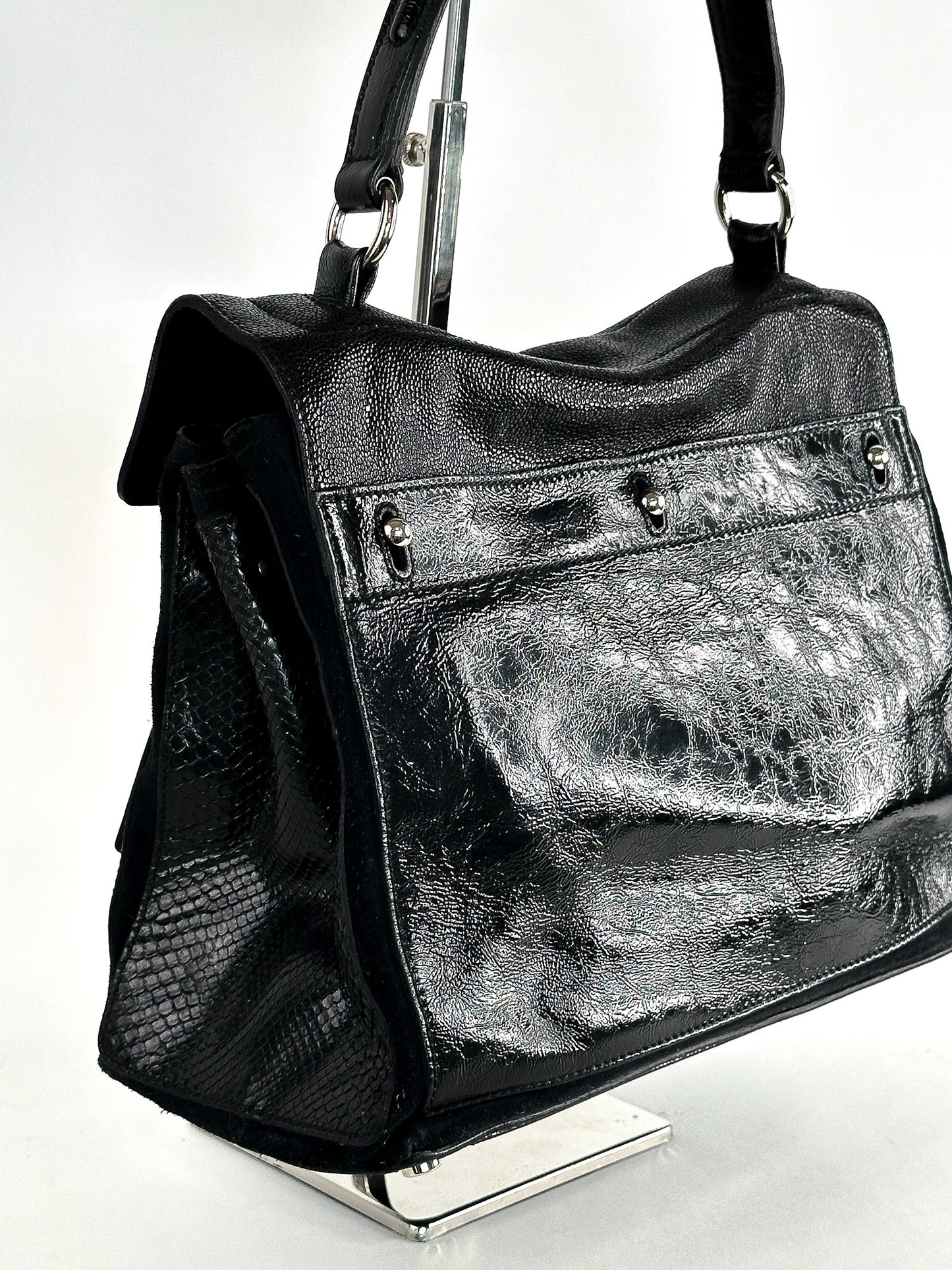 Yves Saint Laurent Black Patent Leather/Python and Suede Muse Two Satchel Medium