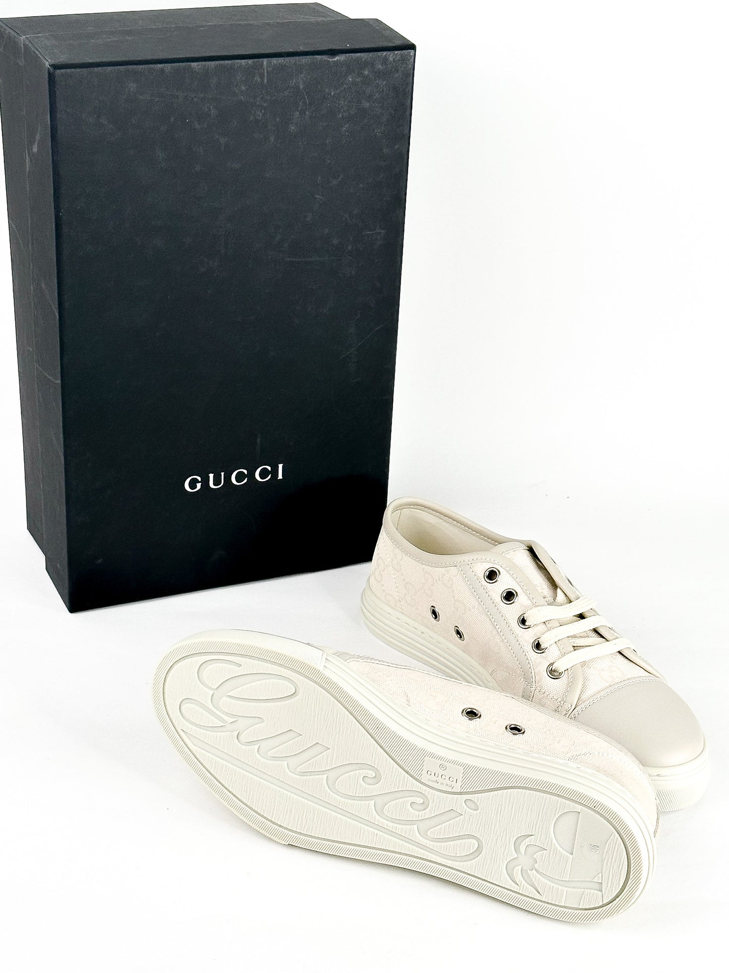 Gucci White/Grey GG Canvas and Leather Low Top Sneakers Size 36