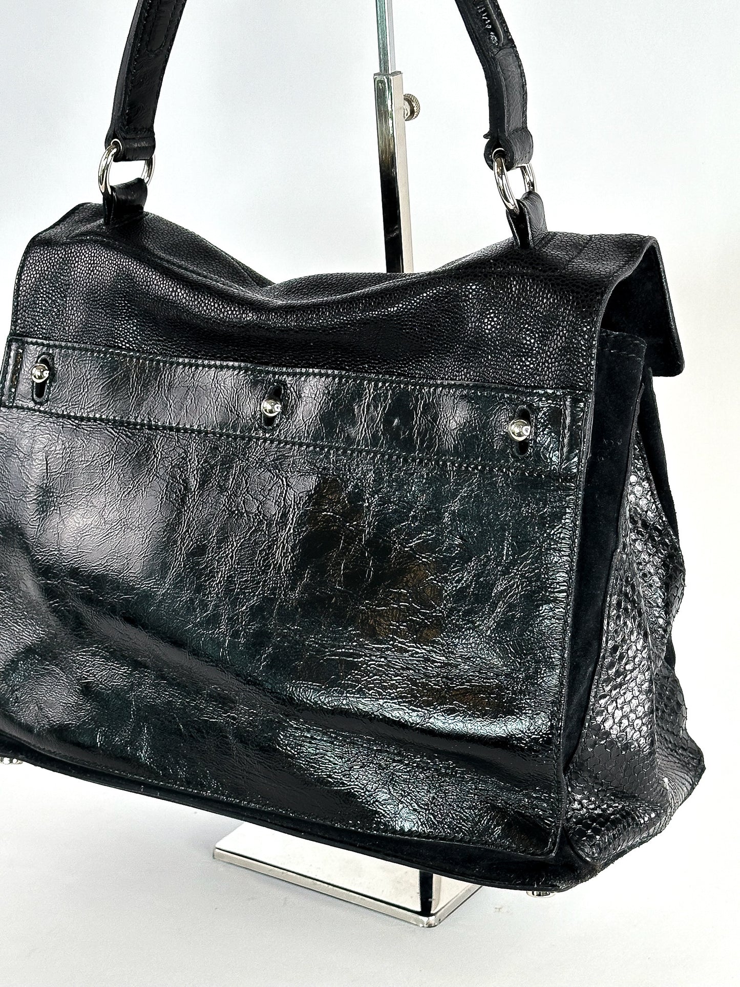 Yves Saint Laurent Black Patent Leather/Python and Suede Muse Two Satchel Medium