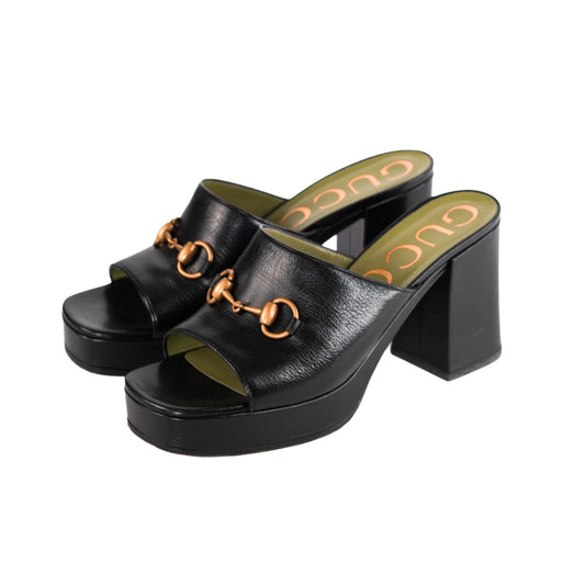 Gucci Black Leather Horsebit Platform Slide Sandals Size 39