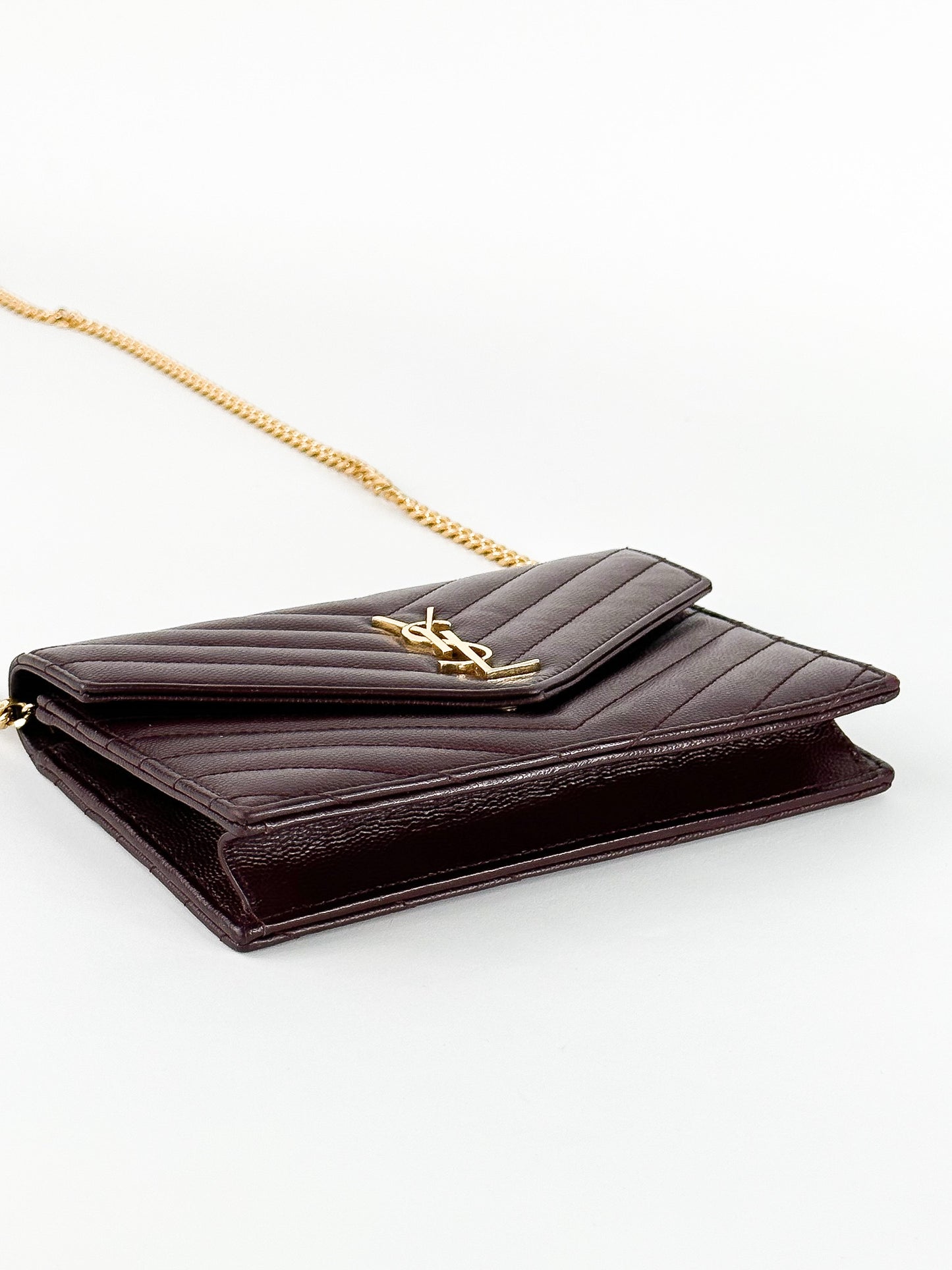 Saint Laurent Burgundy Matelassé Leather Monogram Envelope Wallet on Chain