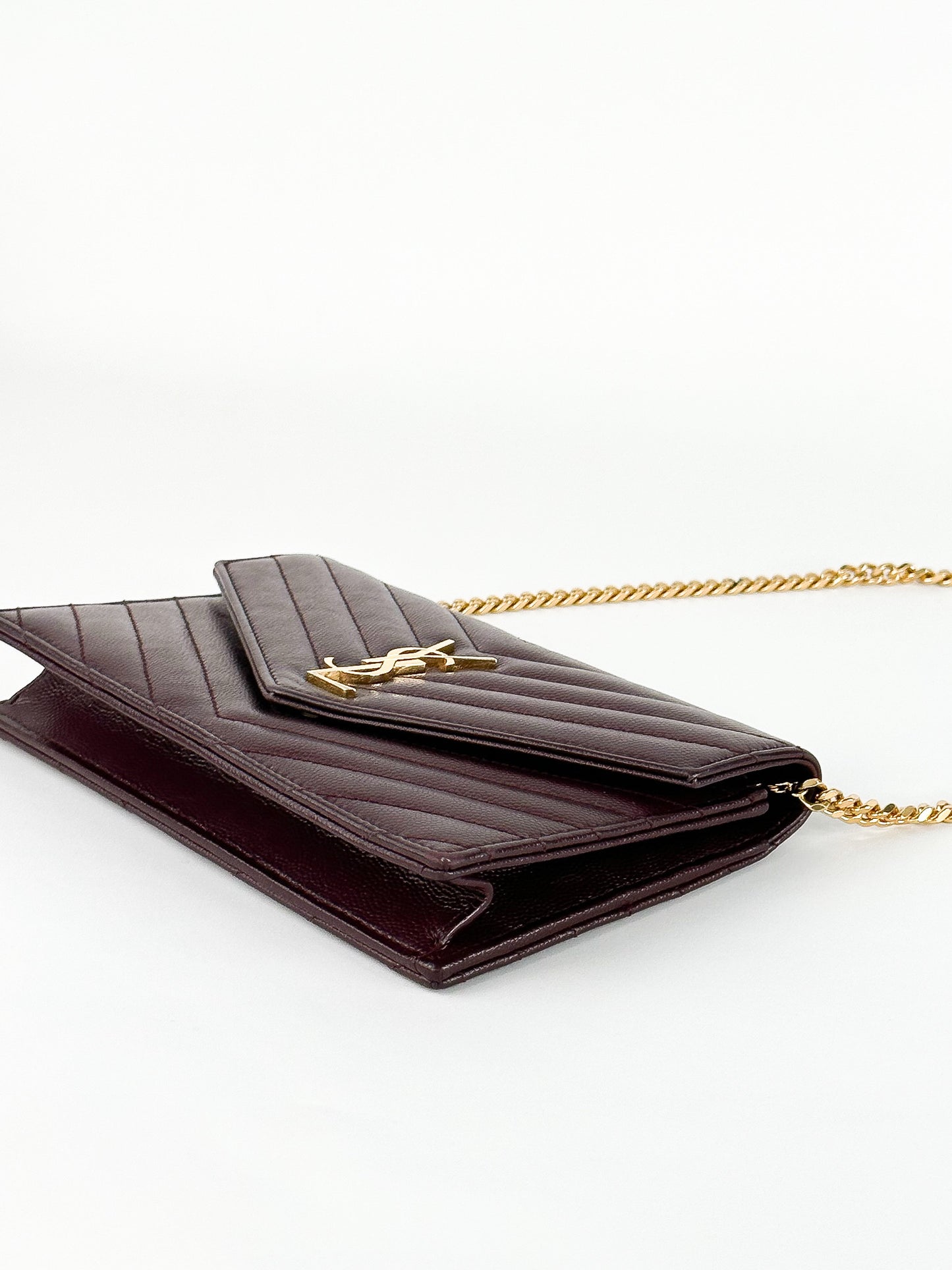 Saint Laurent Burgundy Matelassé Leather Monogram Envelope Wallet on Chain