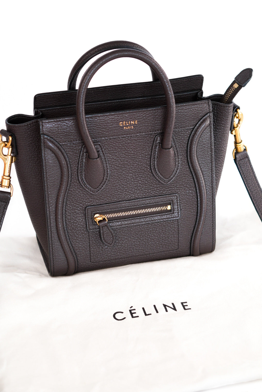 Celine Drummed Calfskin Nano Luggage Brown