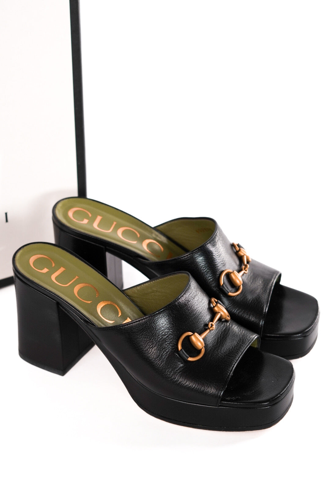 Gucci Black Leather Horsebit Platform Slide Sandals Size 39