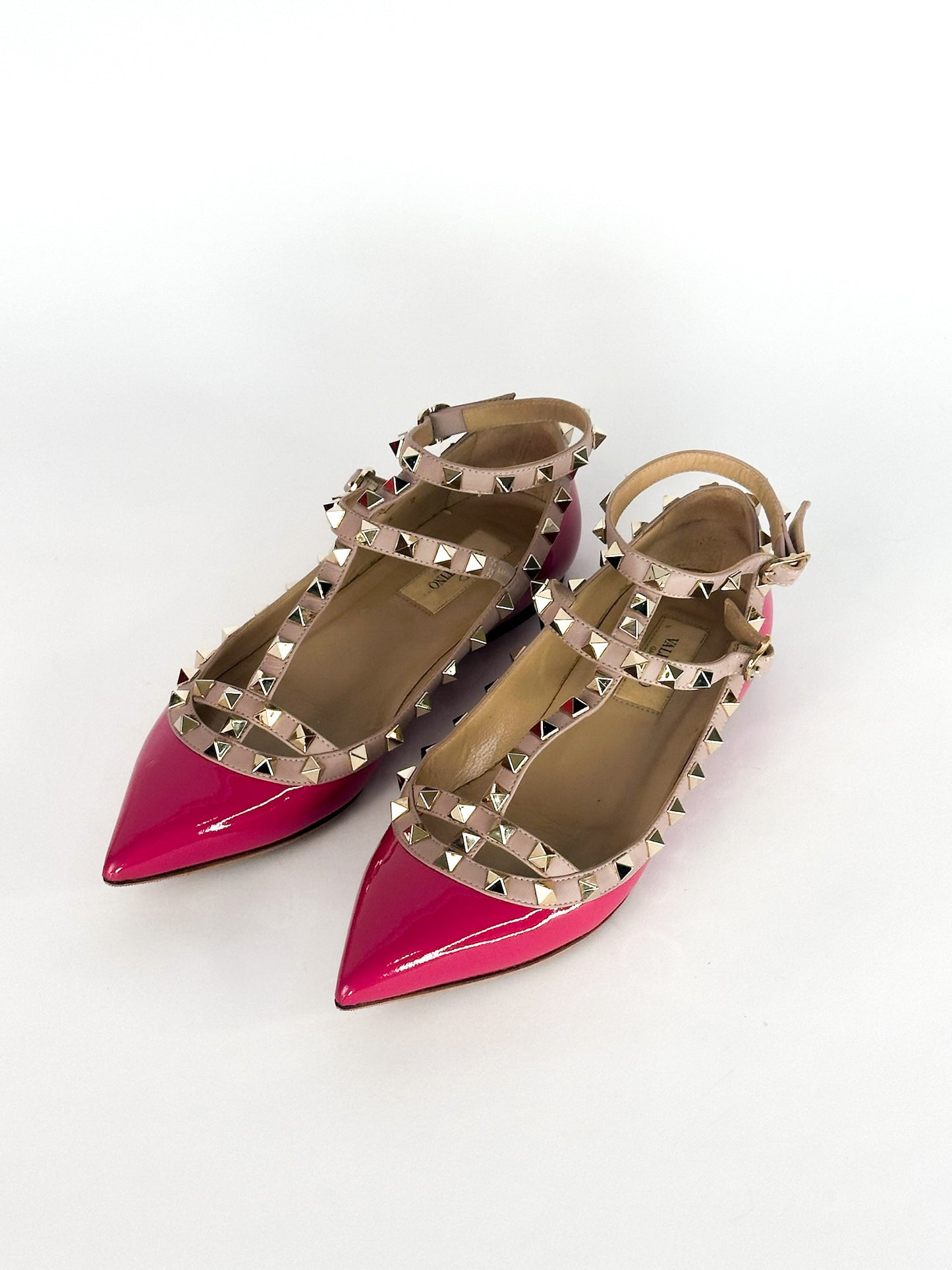 Valentino Pink Patent Leather Rockstud Ankle Strap Flats Size 37 1/2