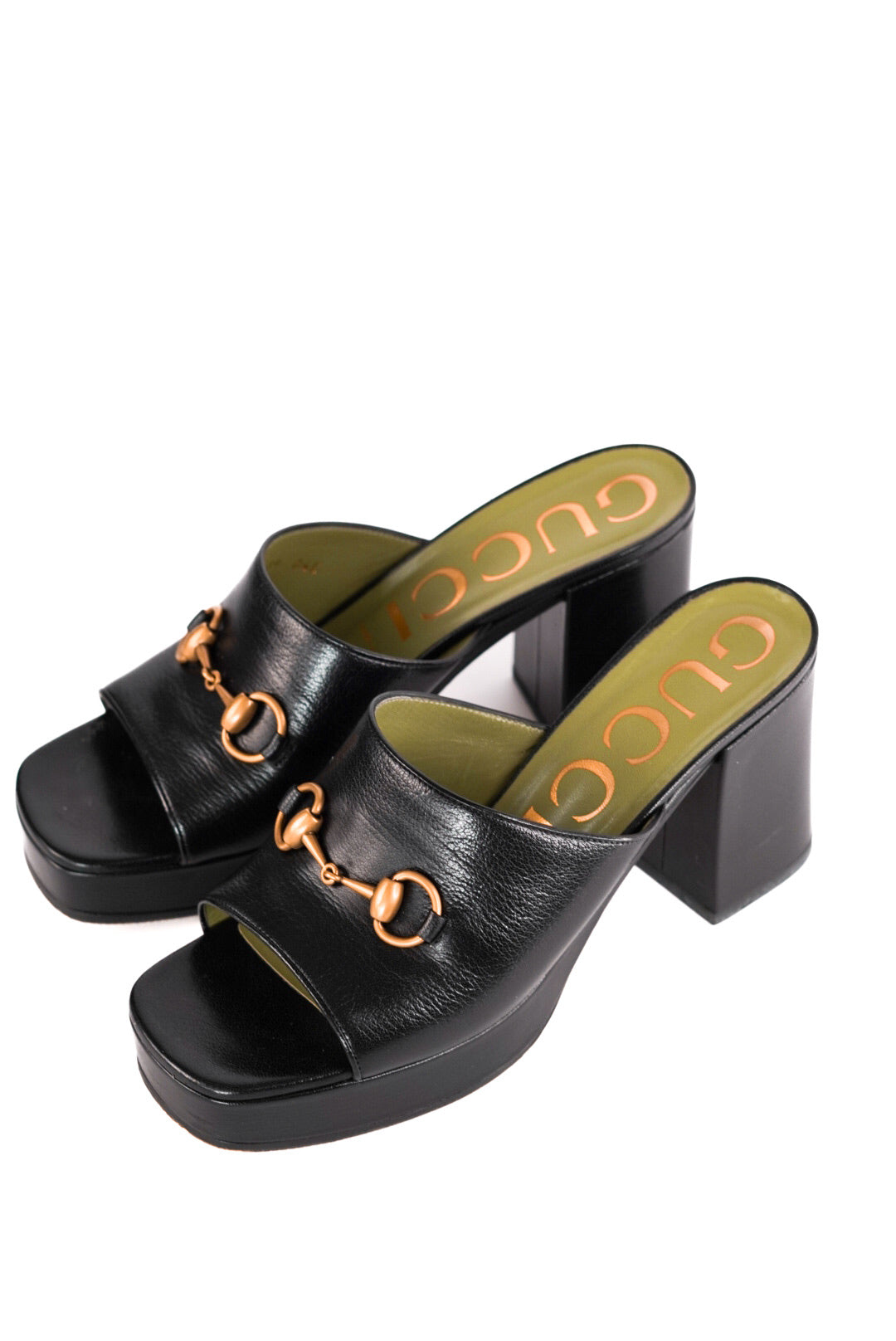 Gucci Black Leather Horsebit Platform Slide Sandals Size 39