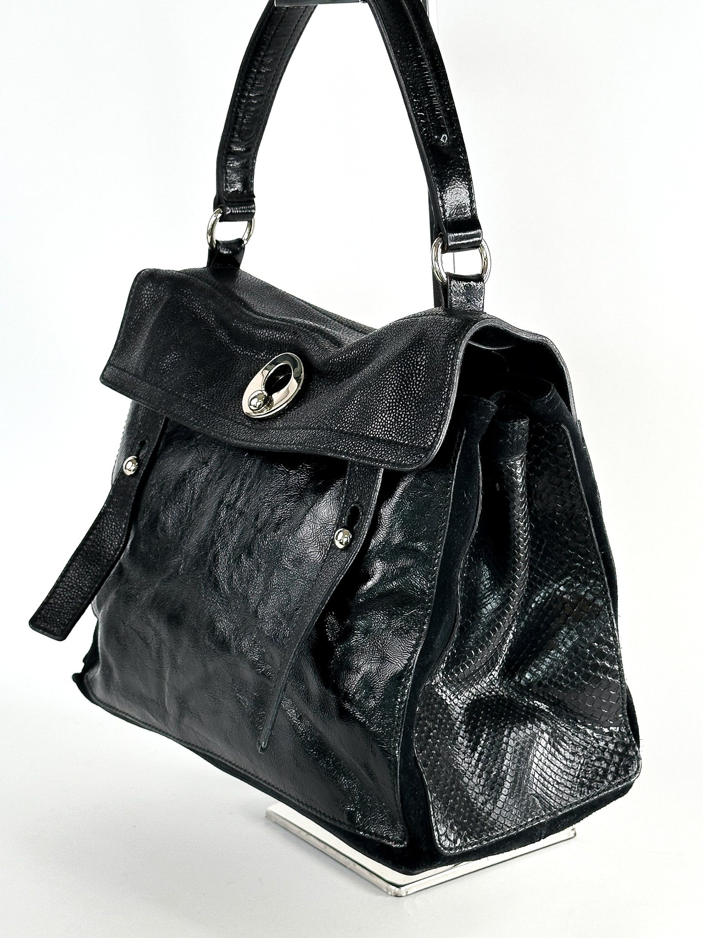 Yves Saint Laurent Black Patent Leather/Python and Suede Muse Two Satchel Medium