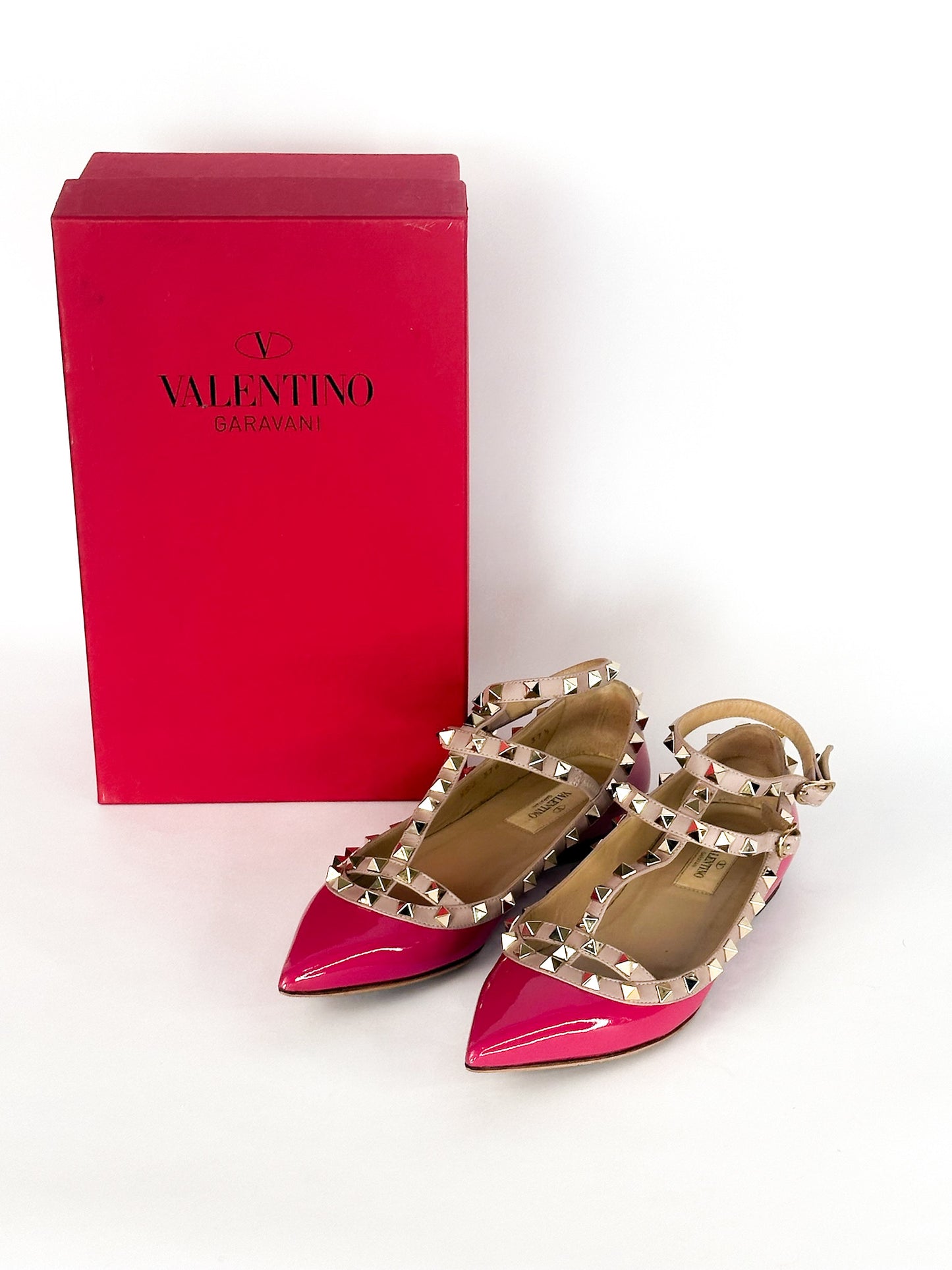 Valentino Pink Patent Leather Rockstud Ankle Strap Flats Size 37 1/2