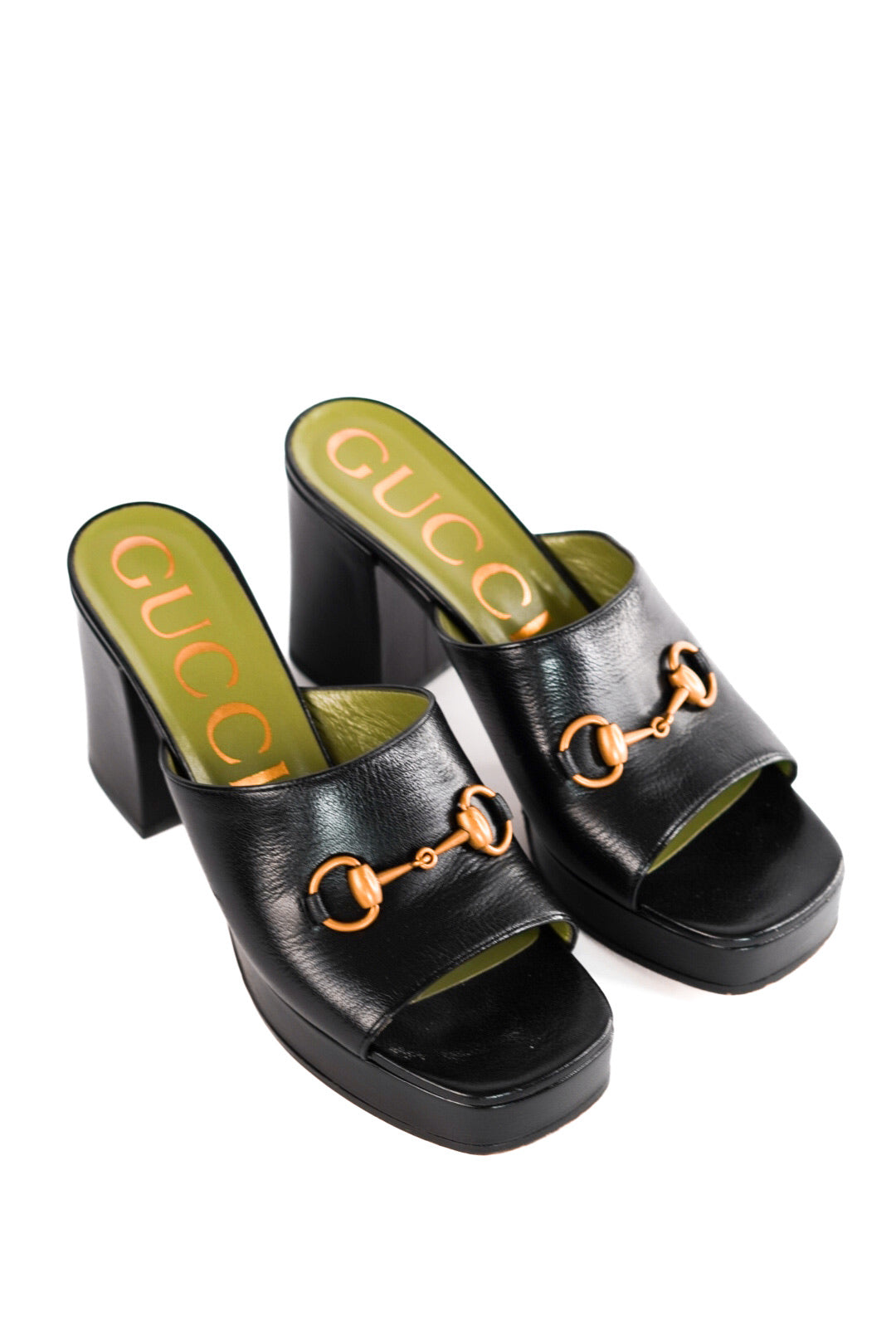 Gucci Black Leather Horsebit Platform Slide Sandals Size 39