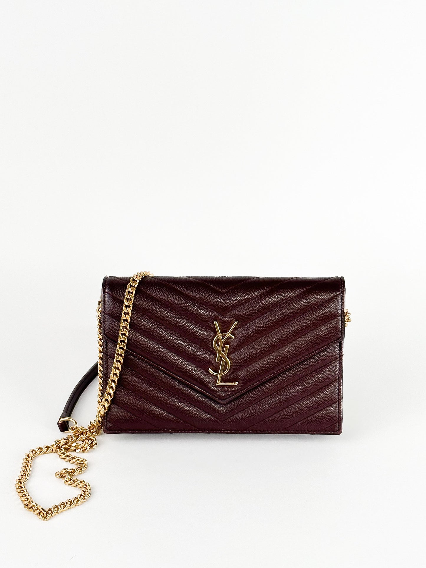 Saint Laurent Burgundy Matelassé Leather Monogram Envelope Wallet on Chain