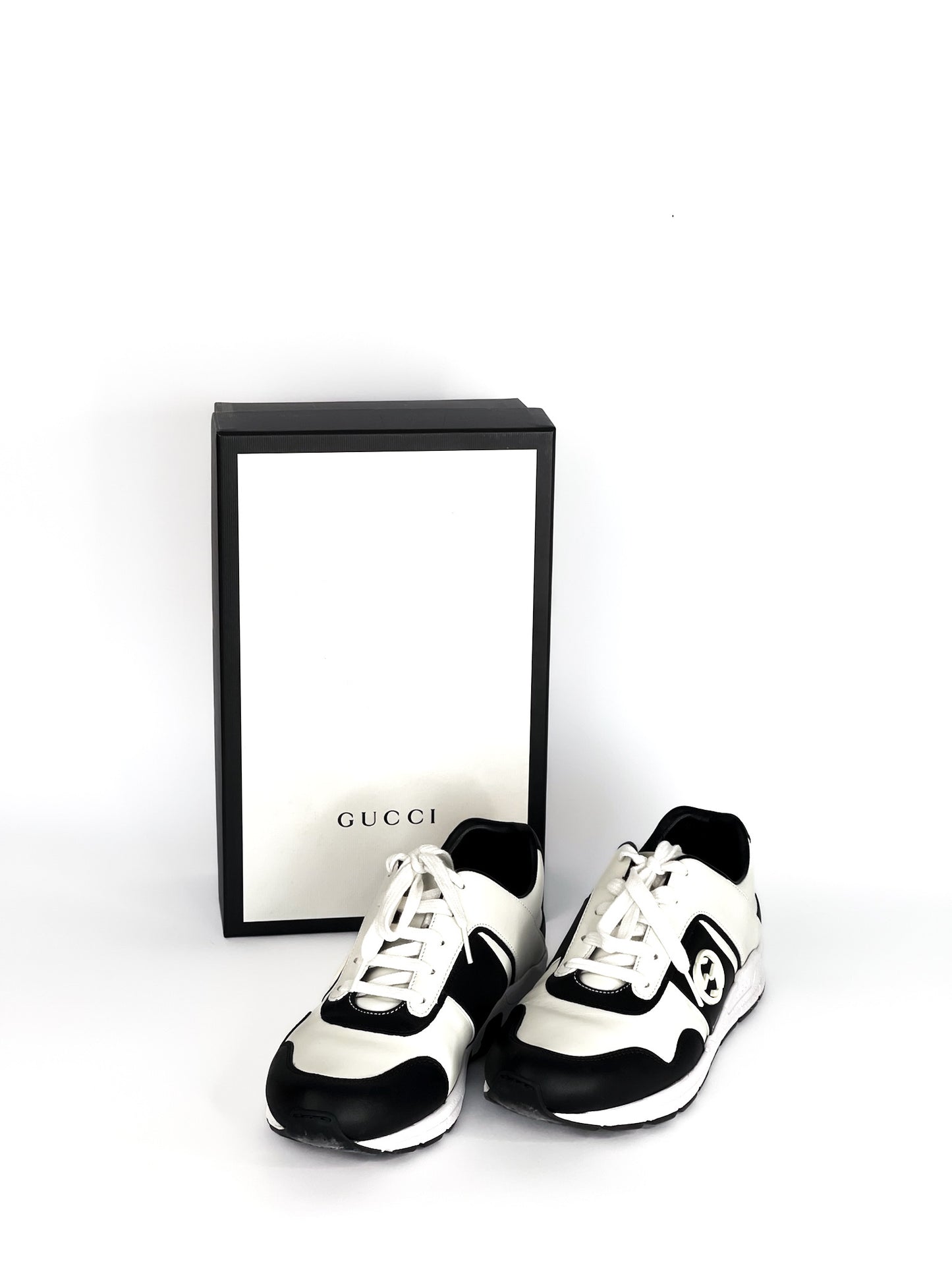 Gucci Calfskin Interlocking G Sneakers Black White Size 39
