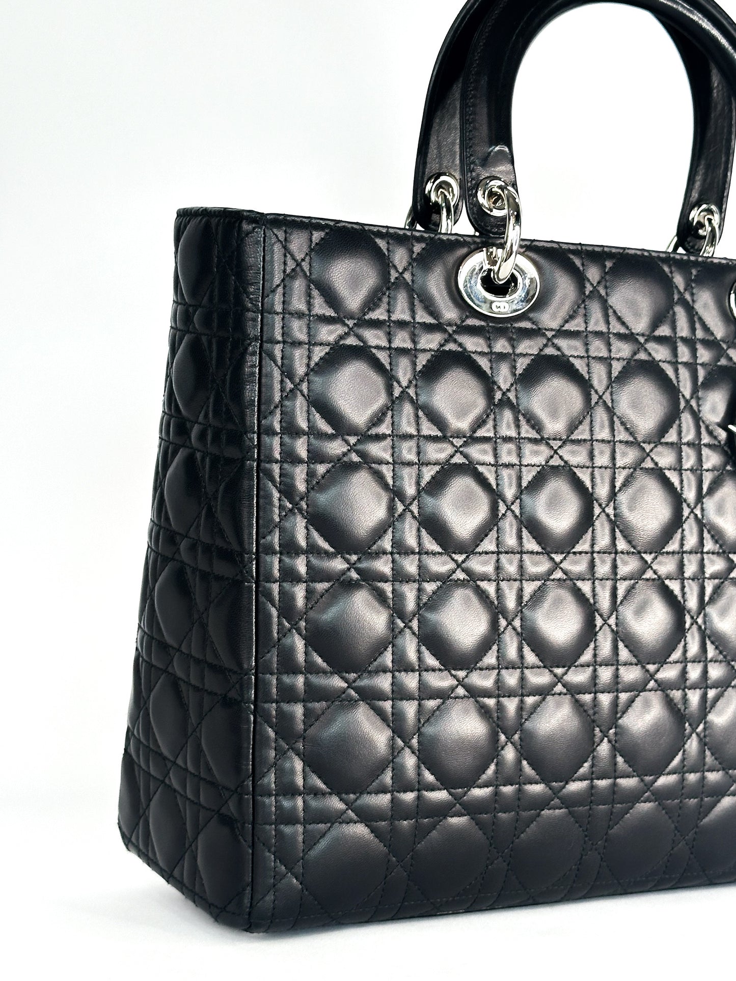 Christian Dior Large Lady Dior Black Cannage Lambskin Silver Hardware