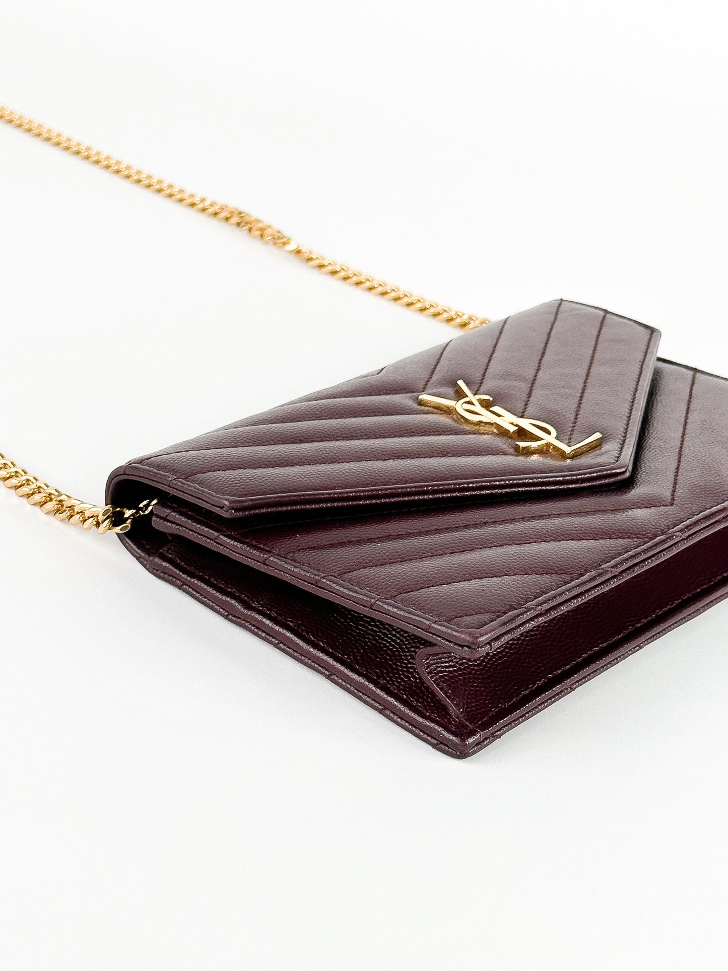 Saint Laurent Burgundy Matelassé Leather Monogram Envelope Wallet on Chain