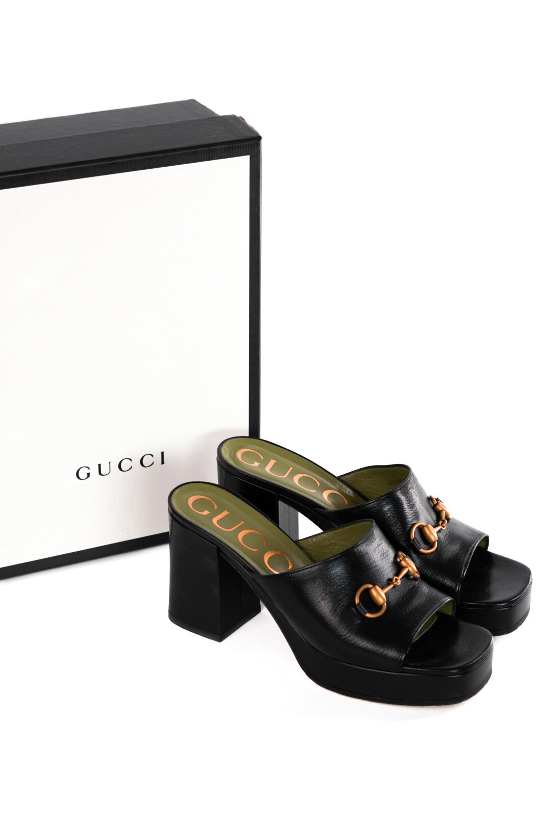 Gucci Black Leather Horsebit Platform Slide Sandals Size 39