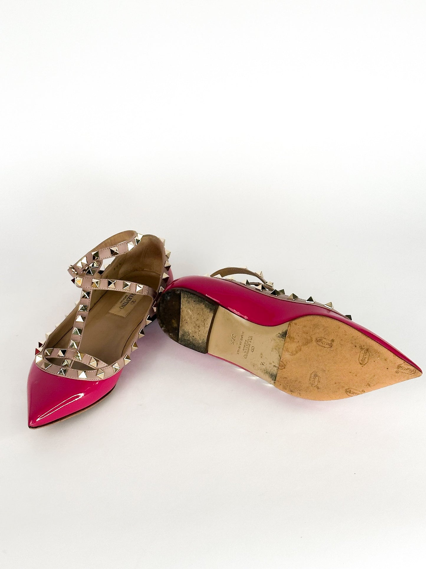 Valentino Pink Patent Leather Rockstud Ankle Strap Flats Size 37 1/2