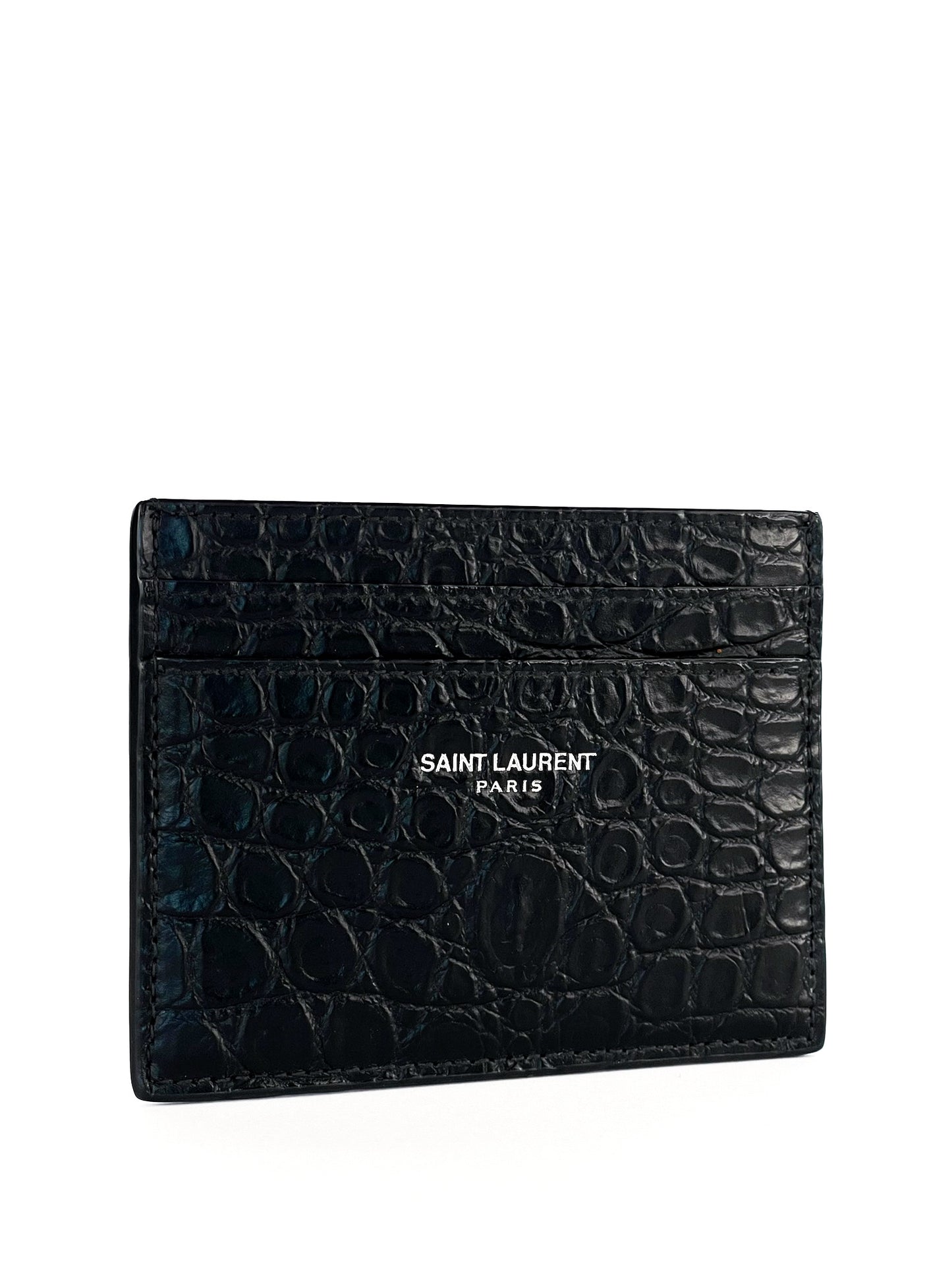 Saint Laurent Calfskin Crocodile Embossed Card Case Black