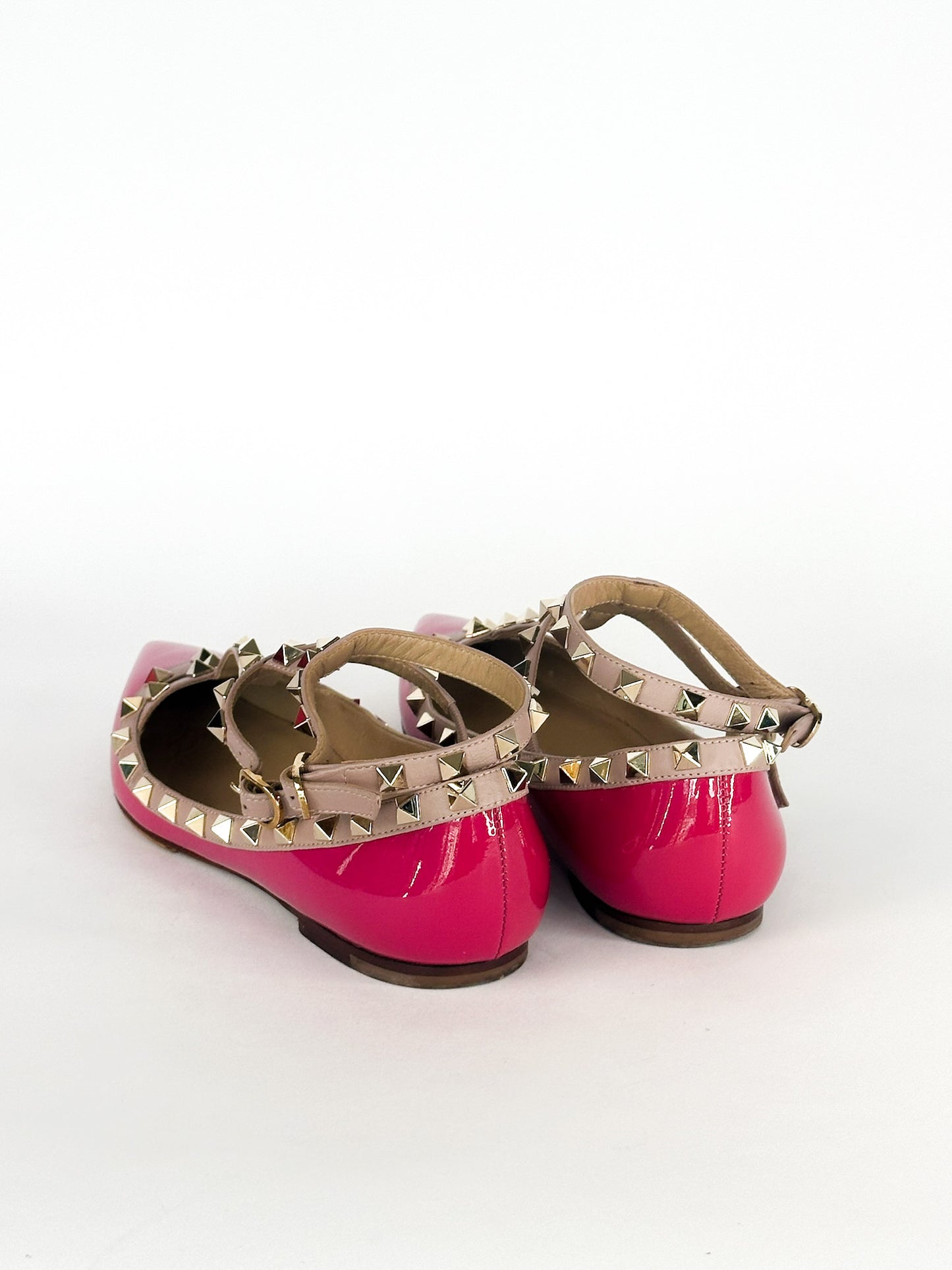 Valentino Pink Patent Leather Rockstud Ankle Strap Flats Size 37 1/2