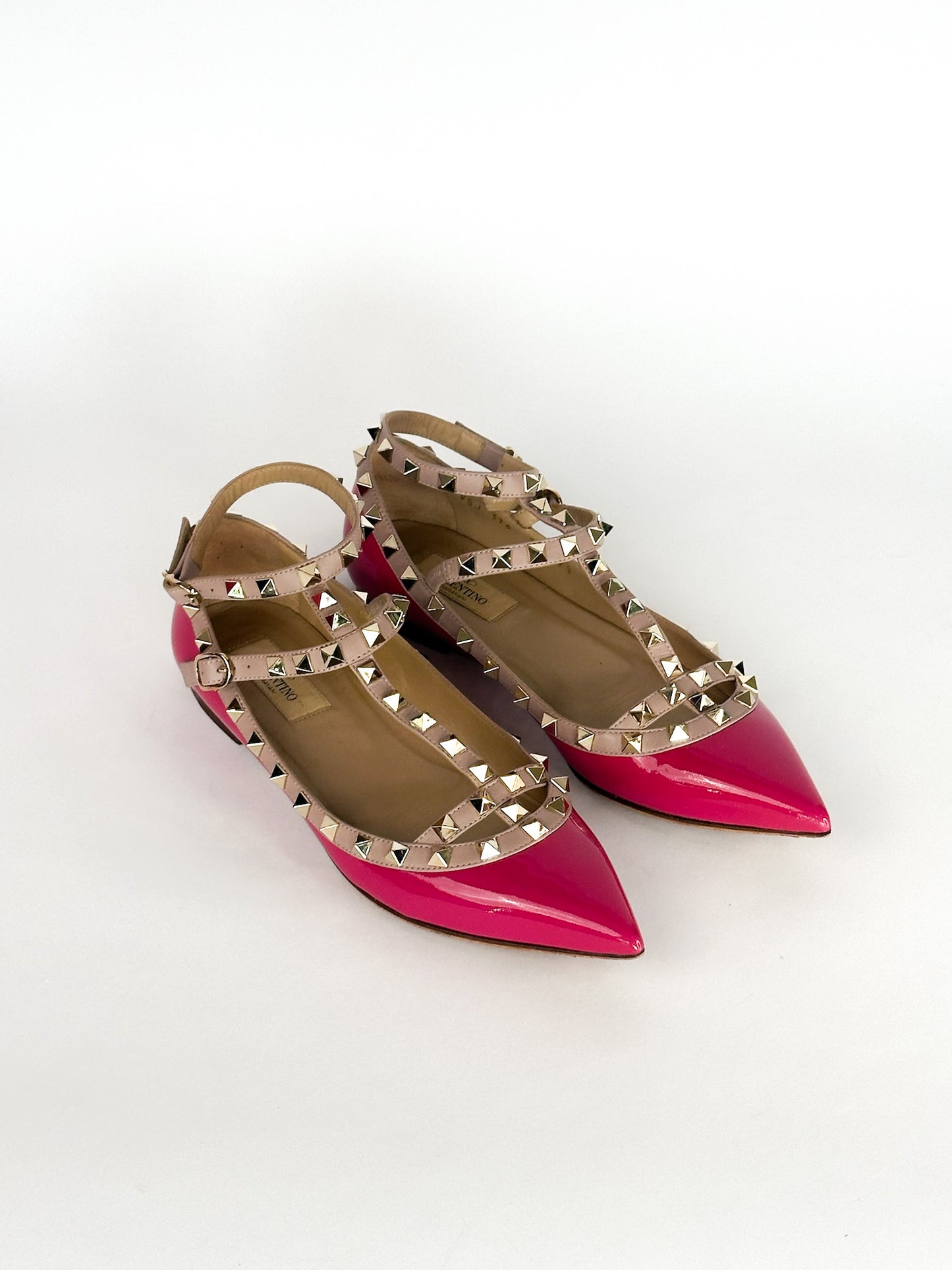 Valentino Pink Patent Leather Rockstud Ankle Strap Flats Size 37 1/2