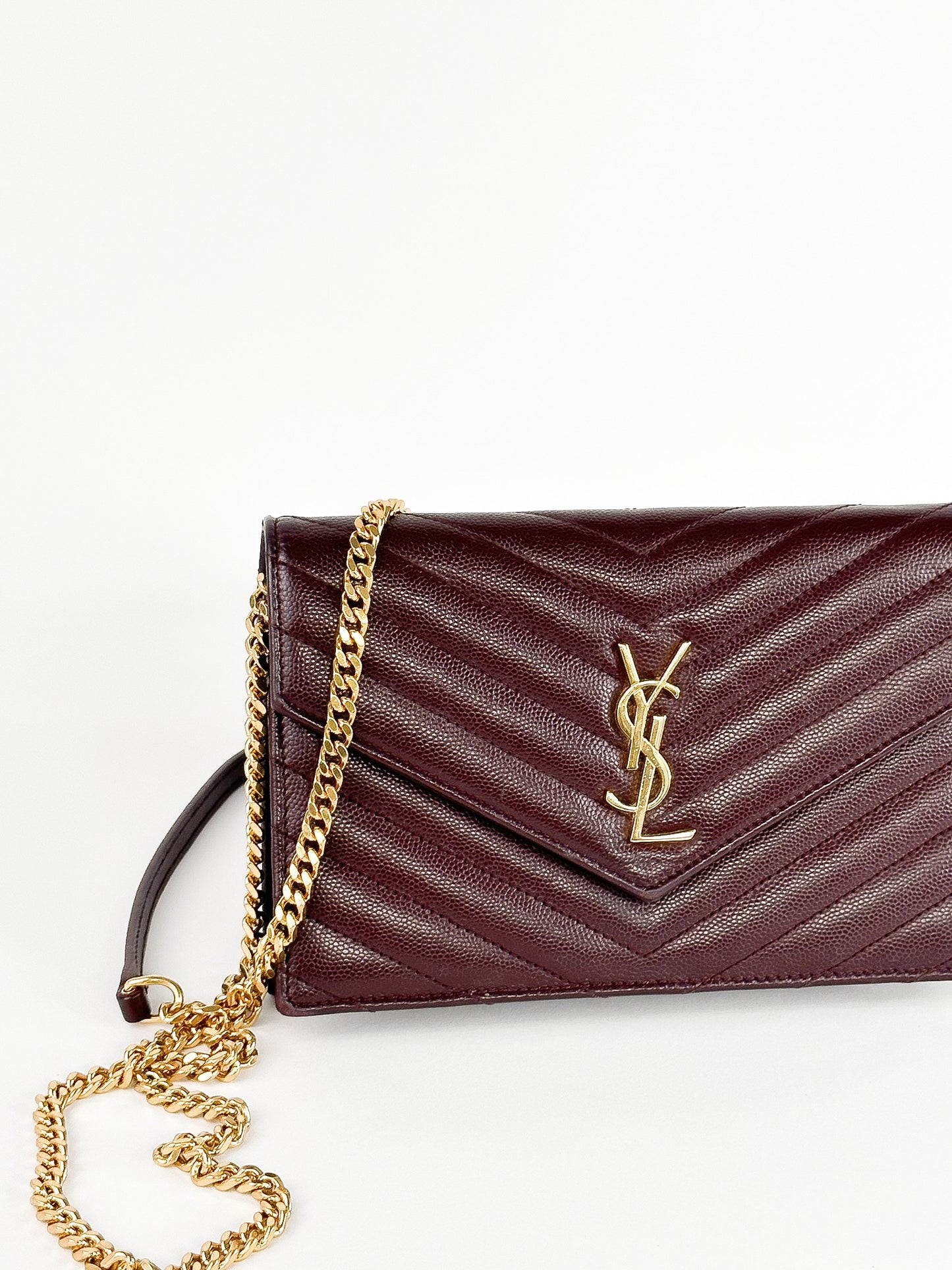 Saint Laurent Burgundy Matelassé Leather Monogram Envelope Wallet on Chain