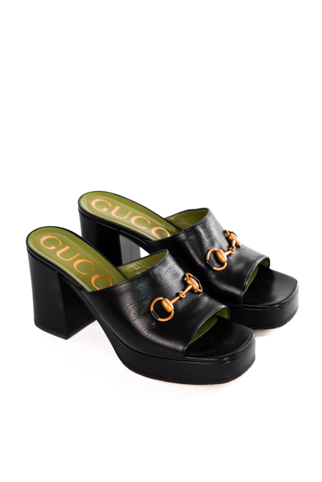 Gucci Black Leather Horsebit Platform Slide Sandals Size 39