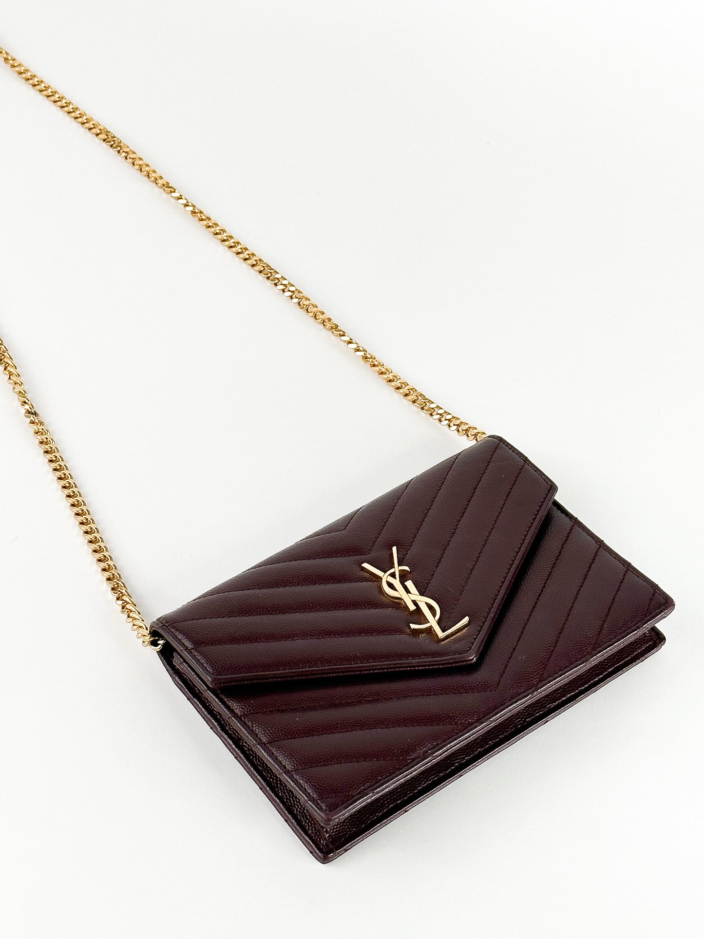Saint Laurent Burgundy Matelassé Leather Monogram Envelope Wallet on Chain