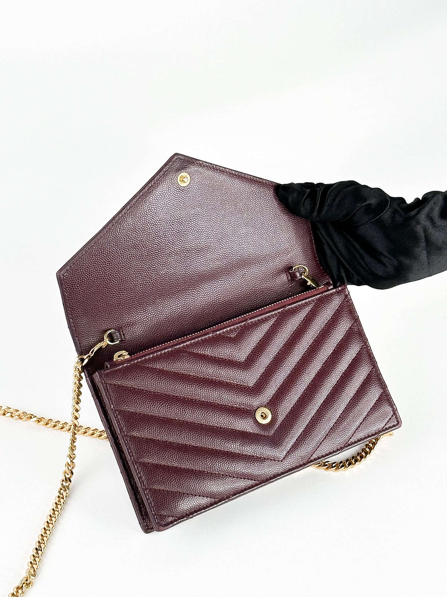 Saint Laurent Burgundy Matelassé Leather Monogram Envelope Wallet on Chain