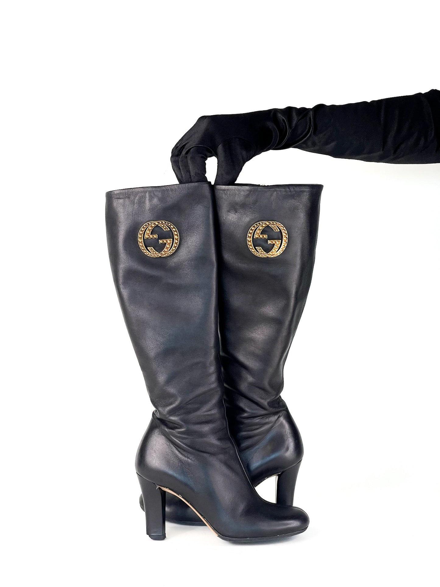 Gucci Black Leather Interlocking G Knee Length Boots Size 35
