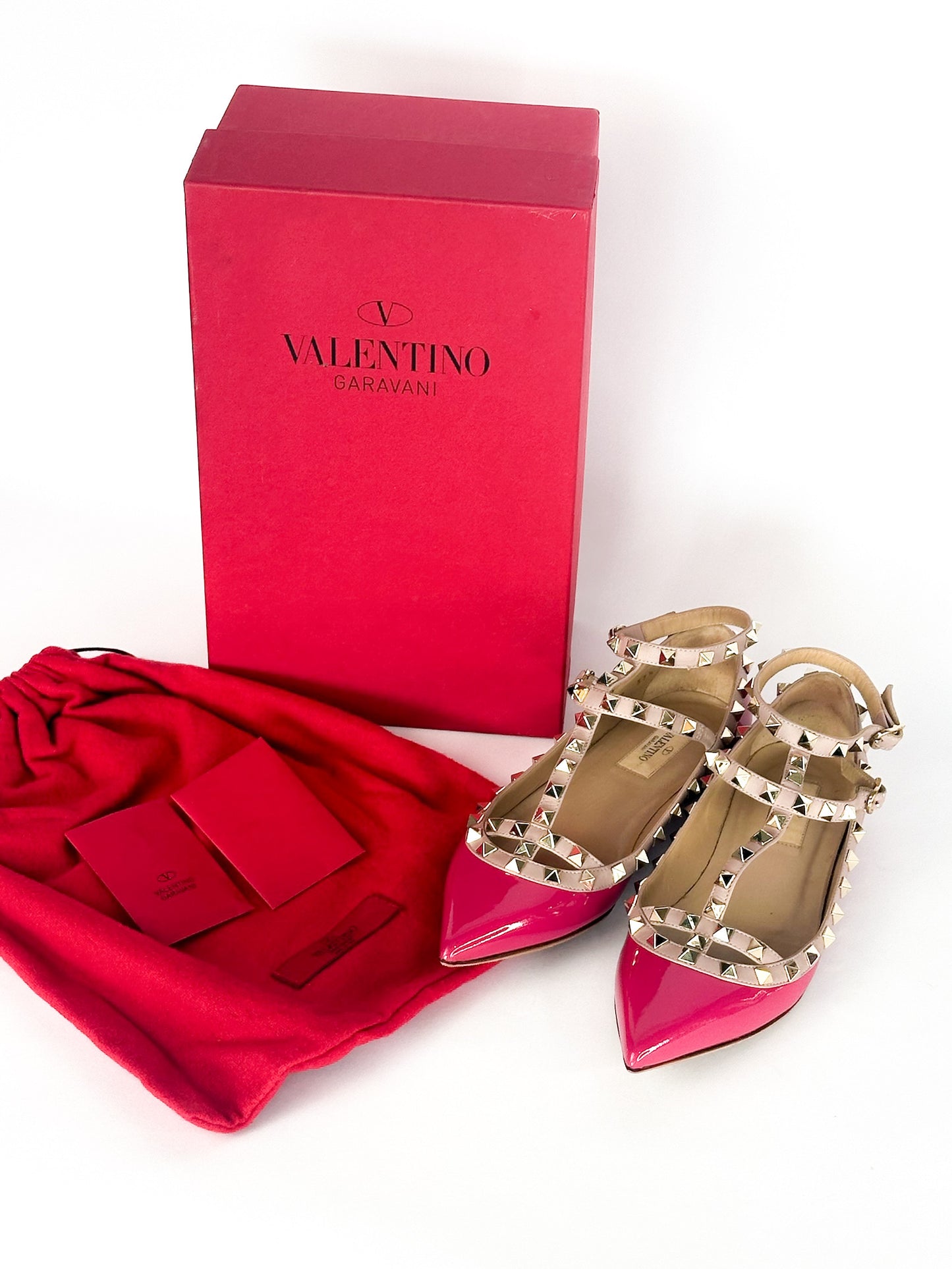 Valentino Pink Patent Leather Rockstud Ankle Strap Flats Size 37 1/2