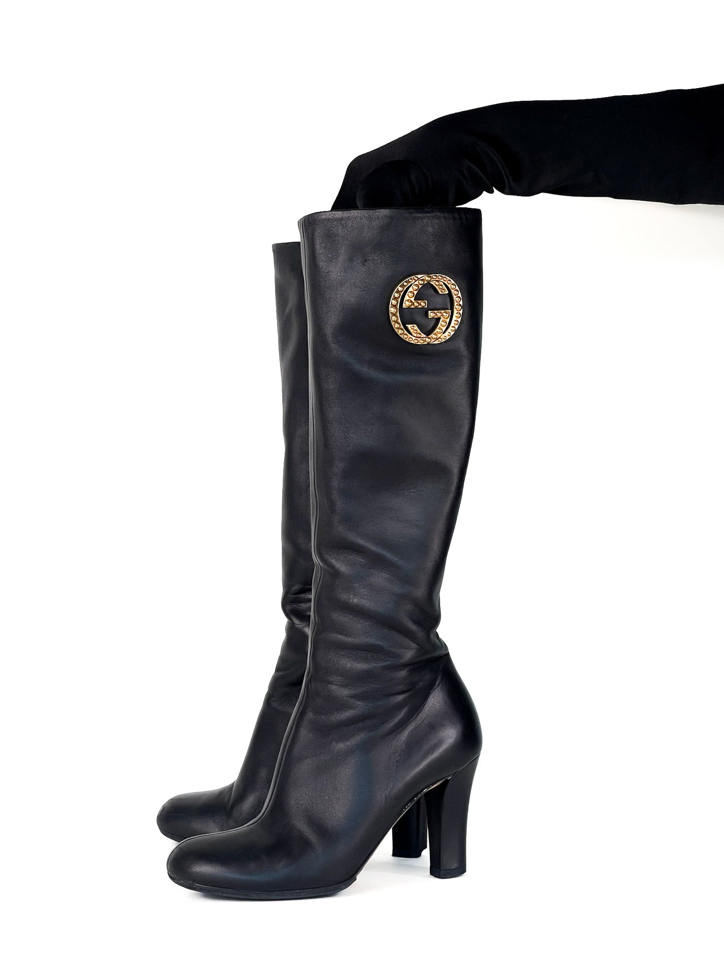Gucci Black Leather Interlocking G Knee Length Boots Size 35