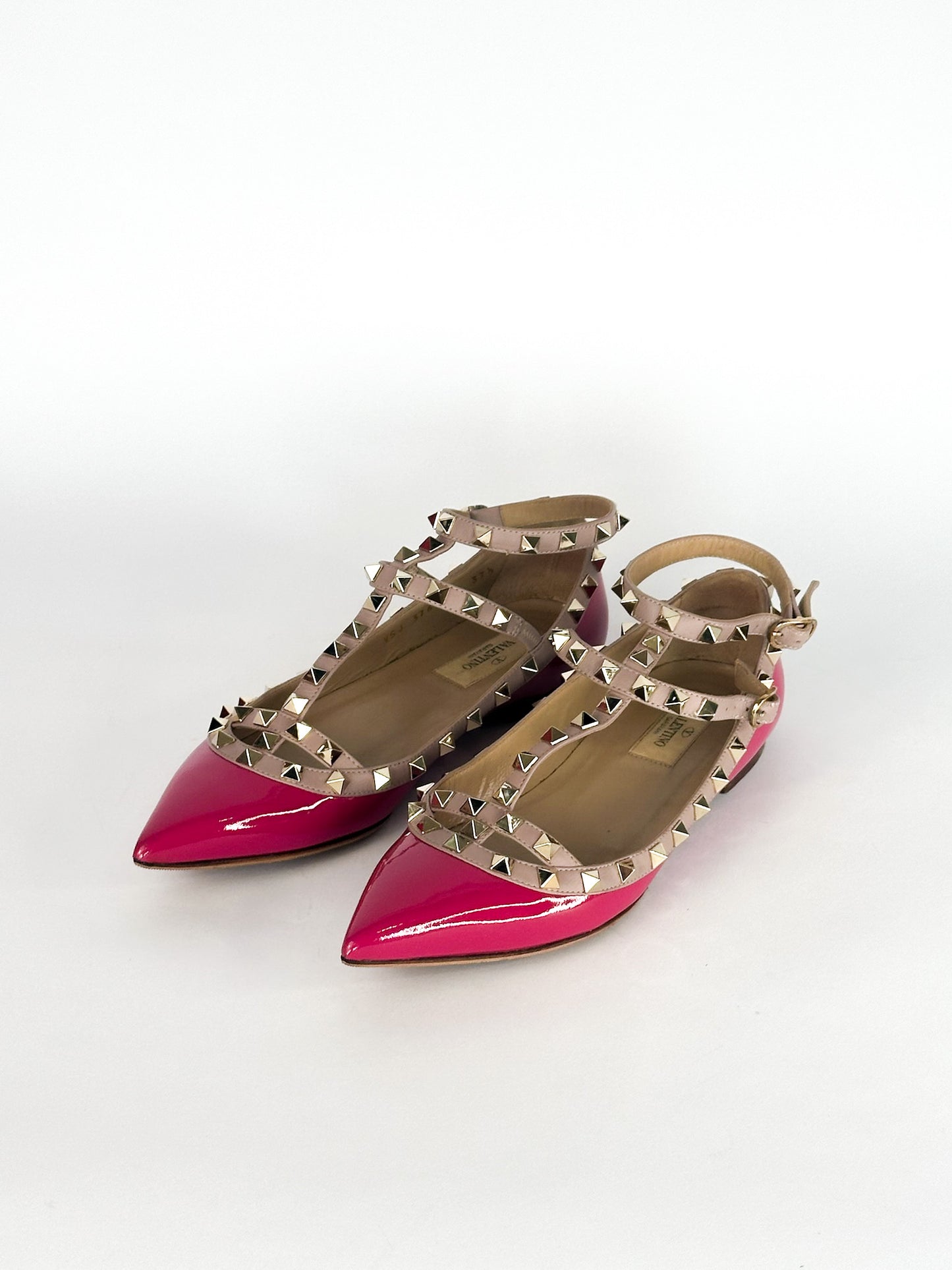 Valentino Pink Patent Leather Rockstud Ankle Strap Flats Size 37 1/2