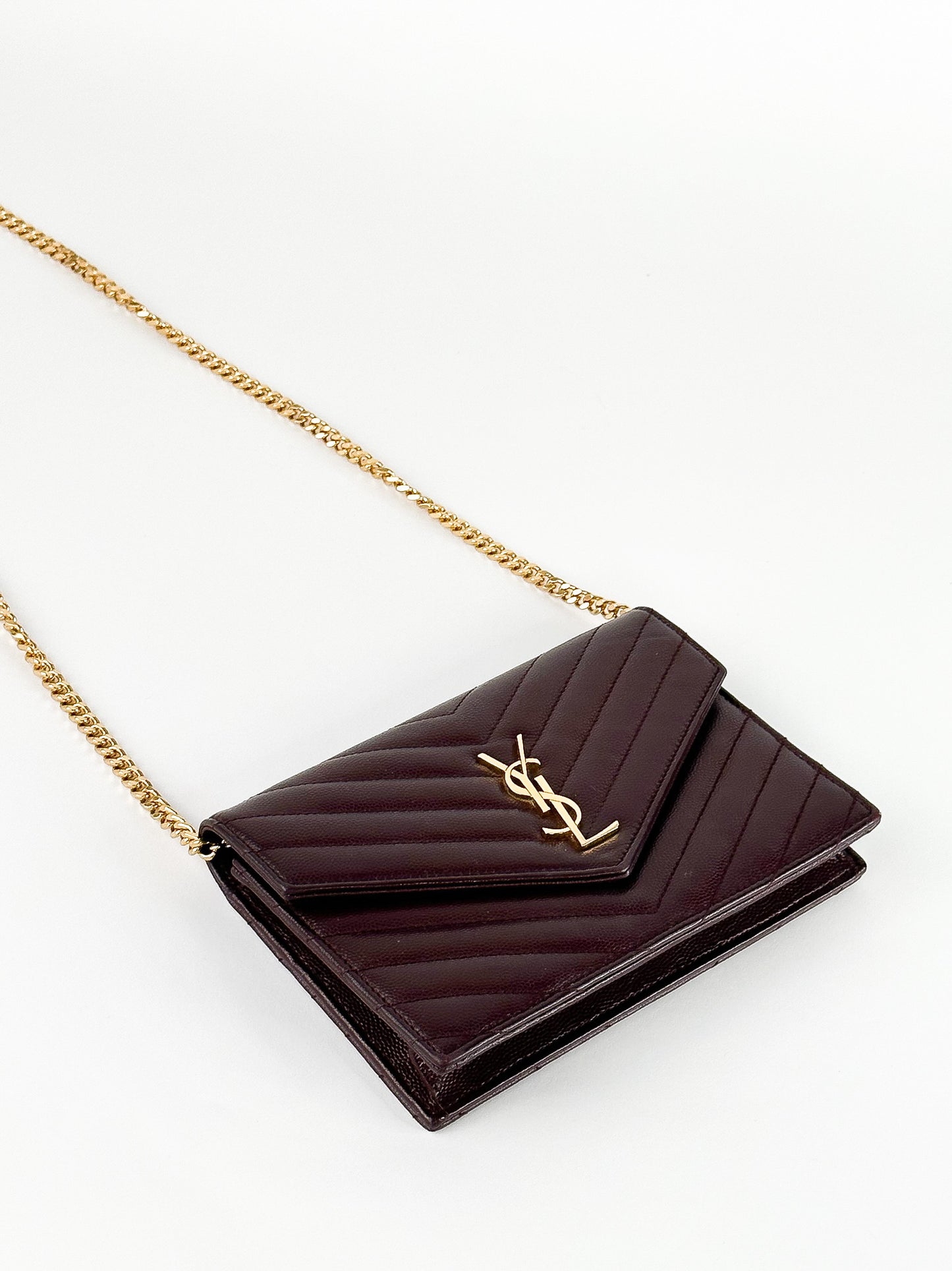 Saint Laurent Burgundy Matelassé Leather Monogram Envelope Wallet on Chain