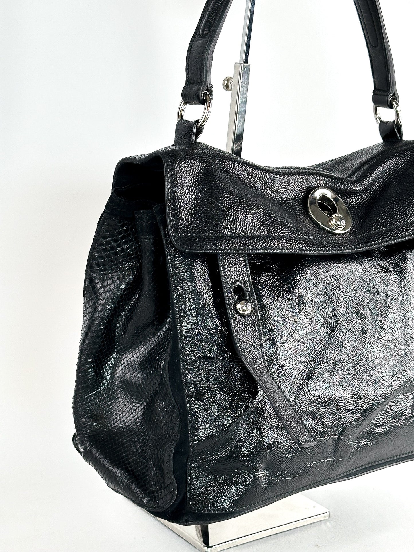 Yves Saint Laurent Black Patent Leather/Python and Suede Muse Two Satchel Medium