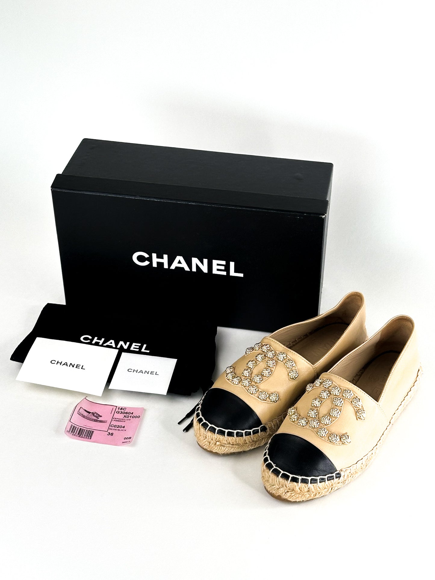 Chanel Beige/Black Camellia CC Espadrille Flats Size 36
