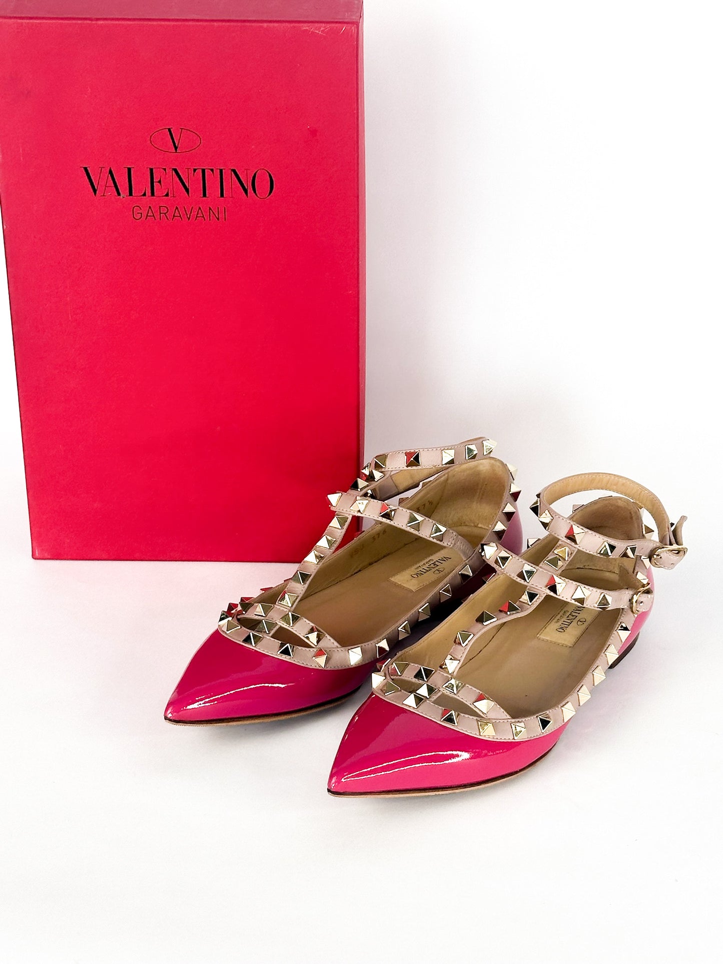 Valentino Pink Patent Leather Rockstud Ankle Strap Flats Size 37 1/2