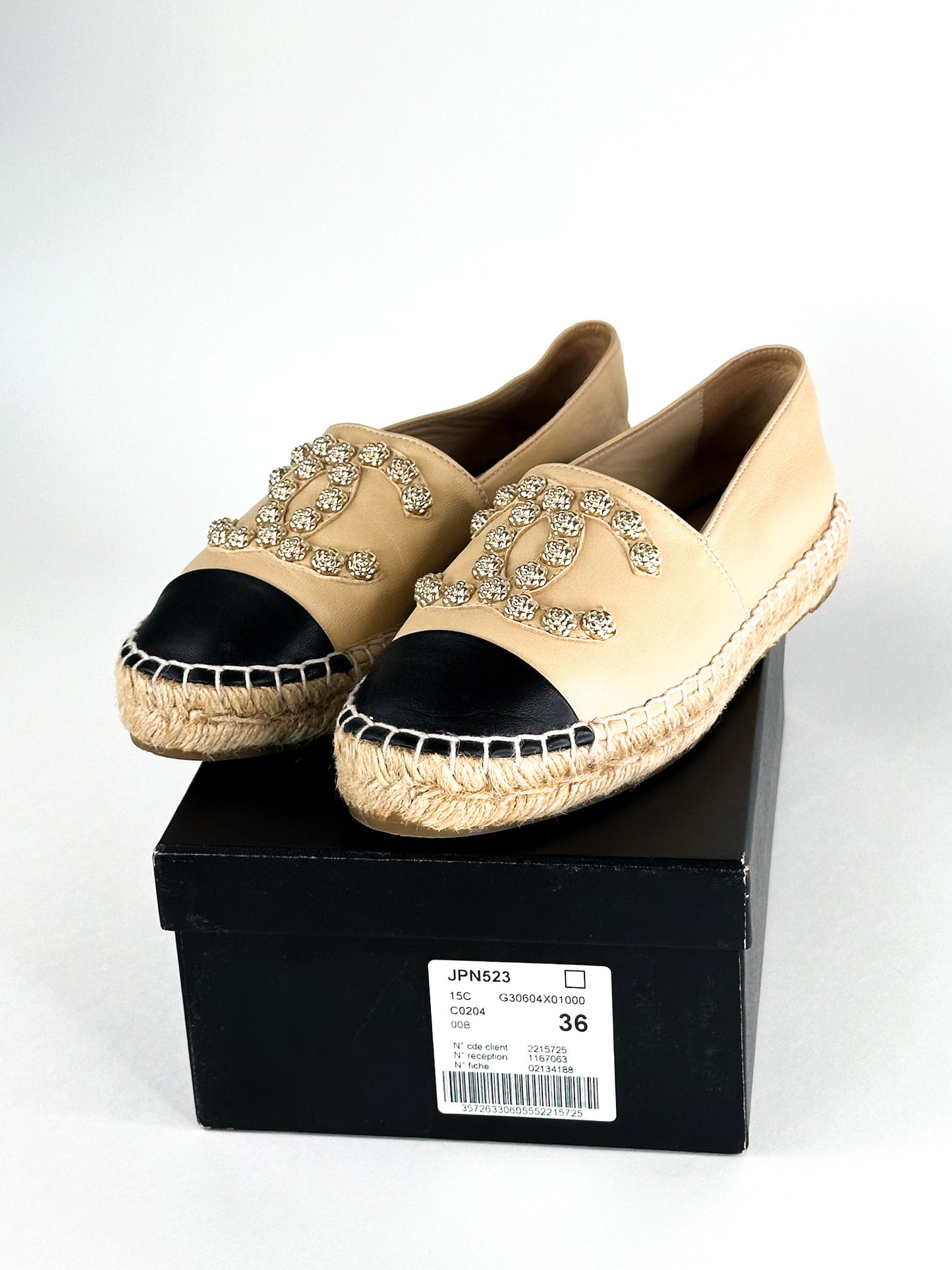 Chanel Beige/Black Camellia CC Espadrille Flats Size 36