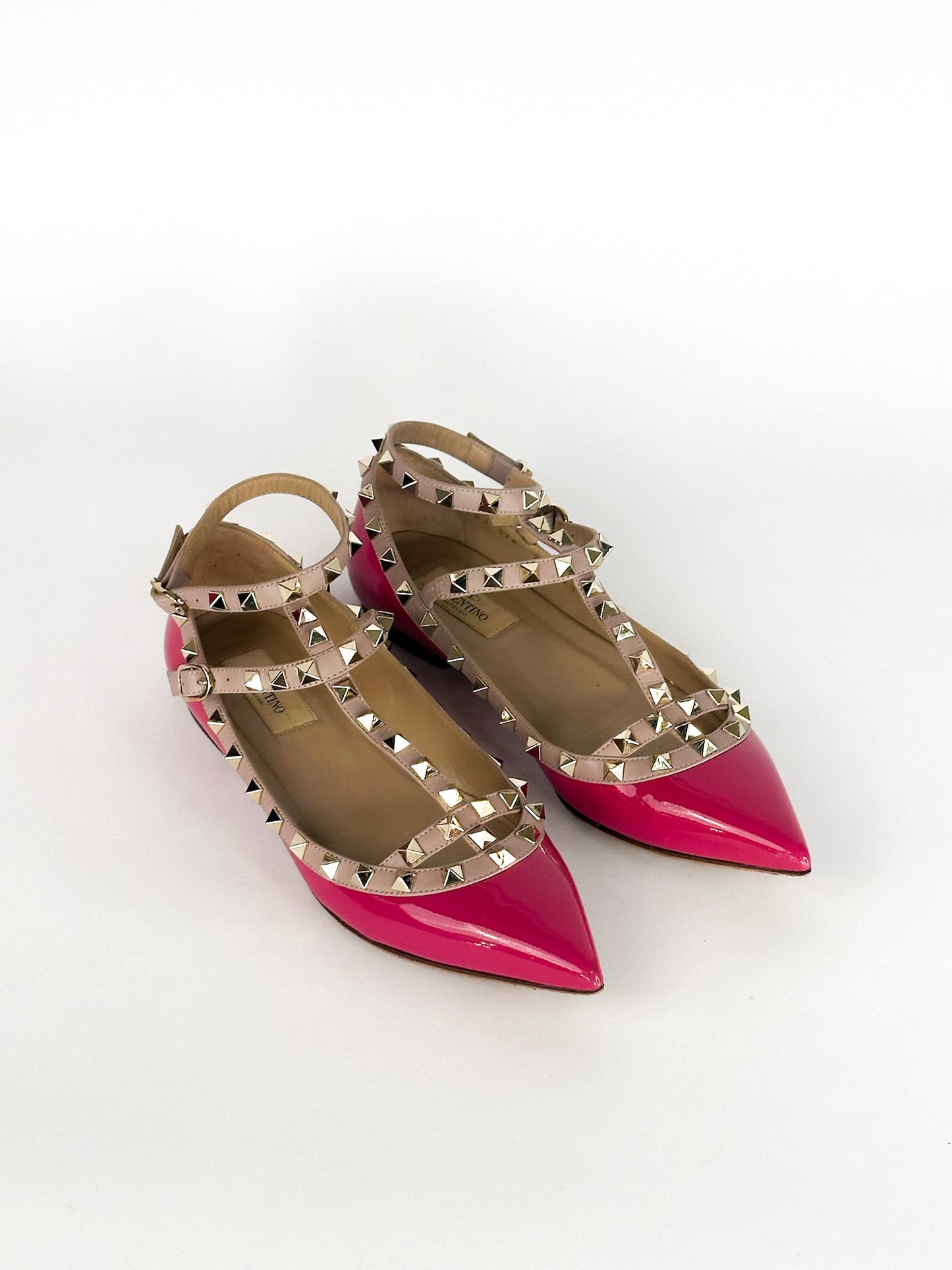 Valentino Pink Patent Leather Rockstud Ankle Strap Flats Size 37 1/2