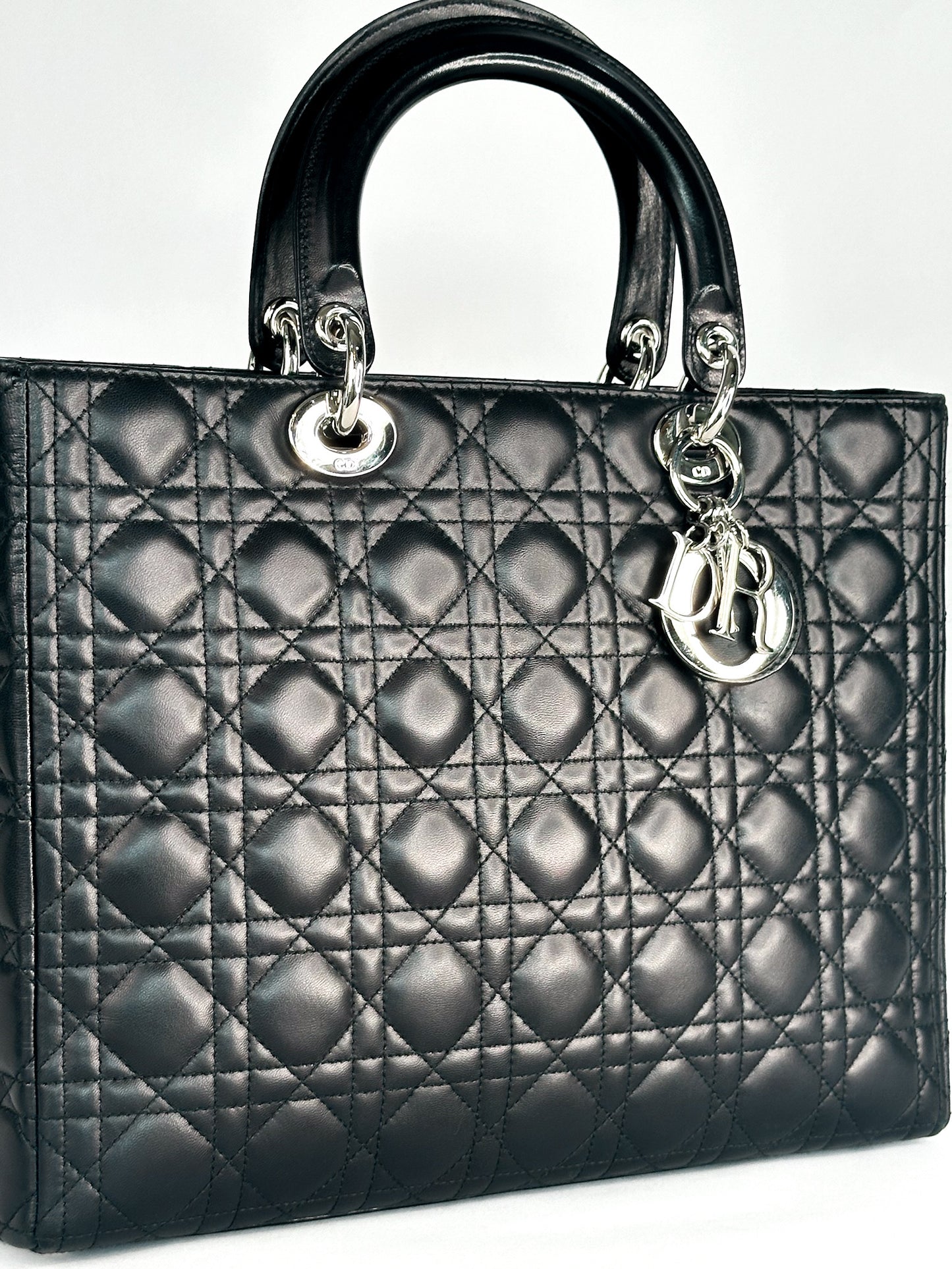 Christian Dior Large Lady Dior Black Cannage Lambskin Silver Hardware
