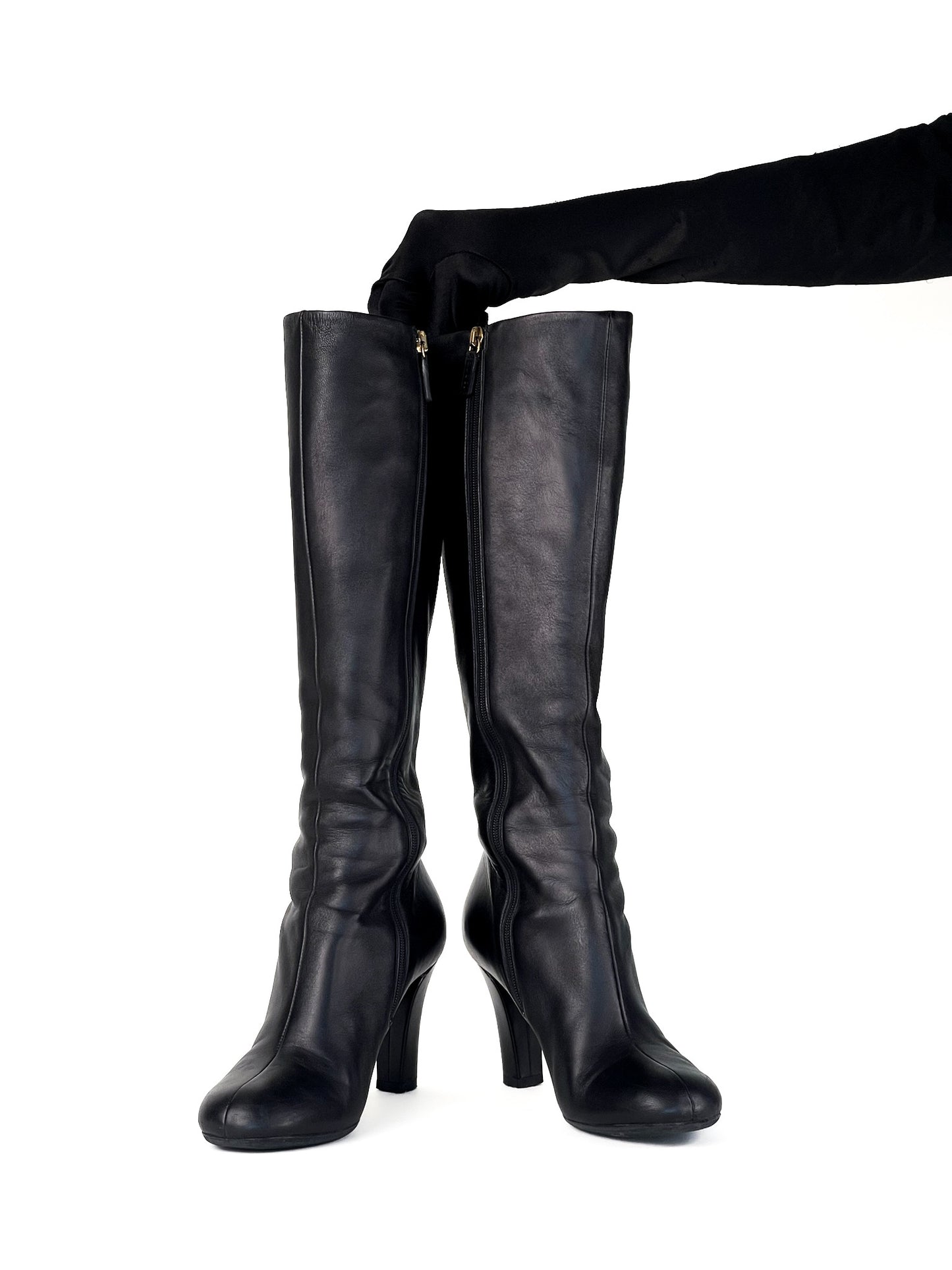 Gucci Black Leather Interlocking G Knee Length Boots Size 35