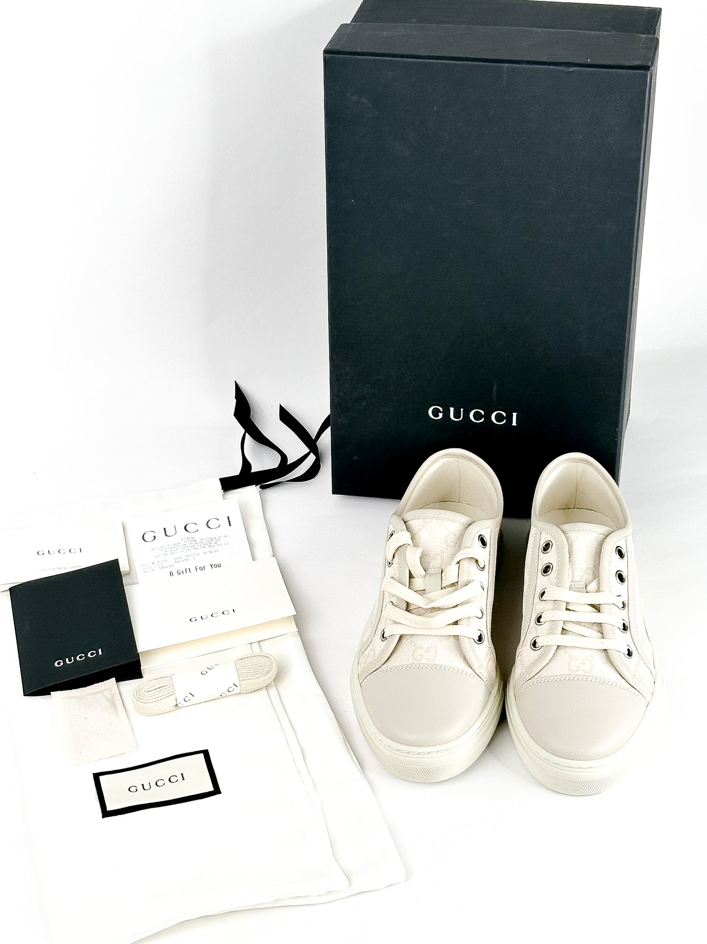 Gucci White/Grey GG Canvas and Leather Low Top Sneakers Size 36