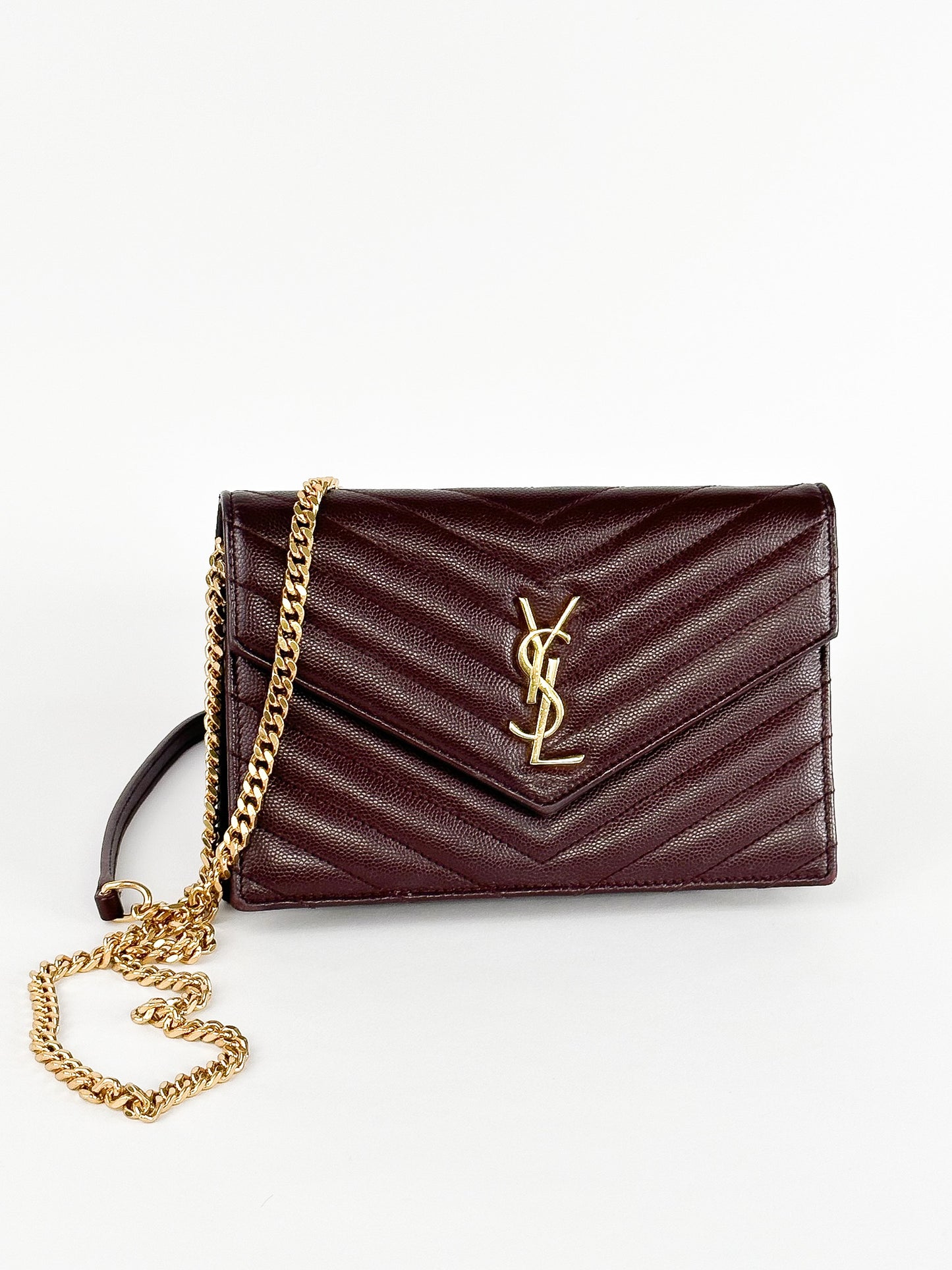 Saint Laurent Burgundy Matelassé Leather Monogram Envelope Wallet on Chain
