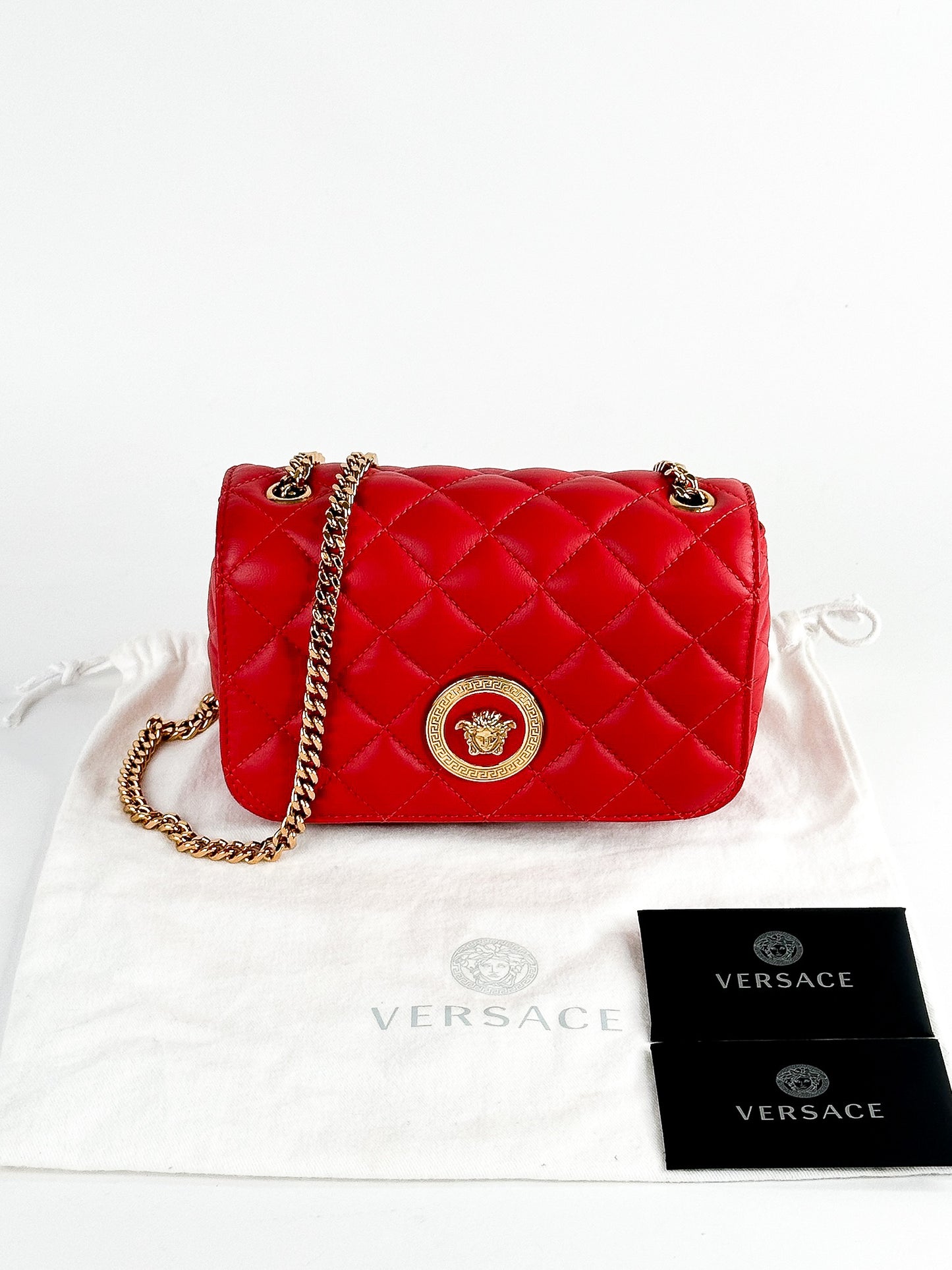 Versace Quilted Leather Red Medusa Head Small Flap Crossbody