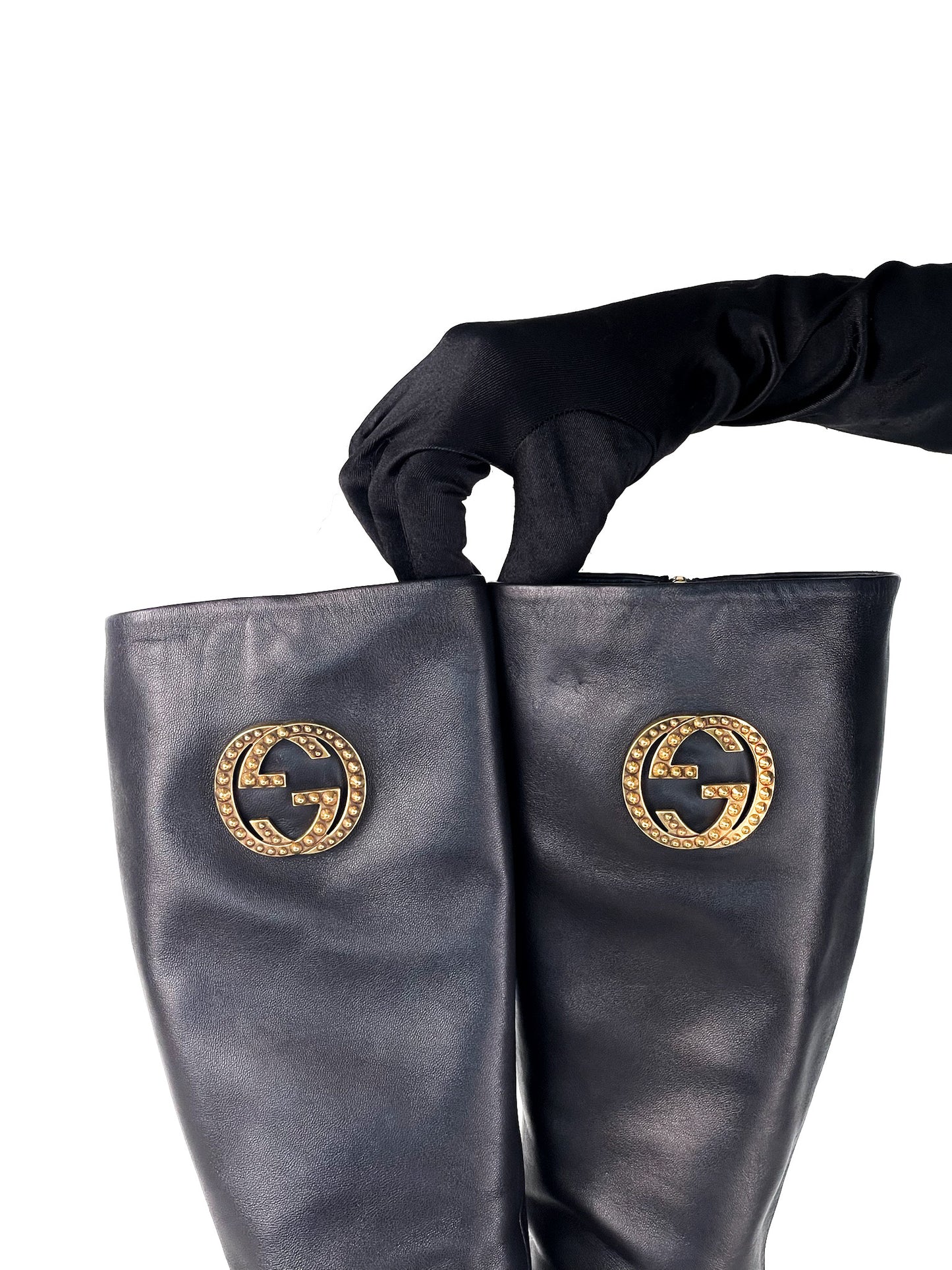 Gucci Black Leather Interlocking G Knee Length Boots Size 35