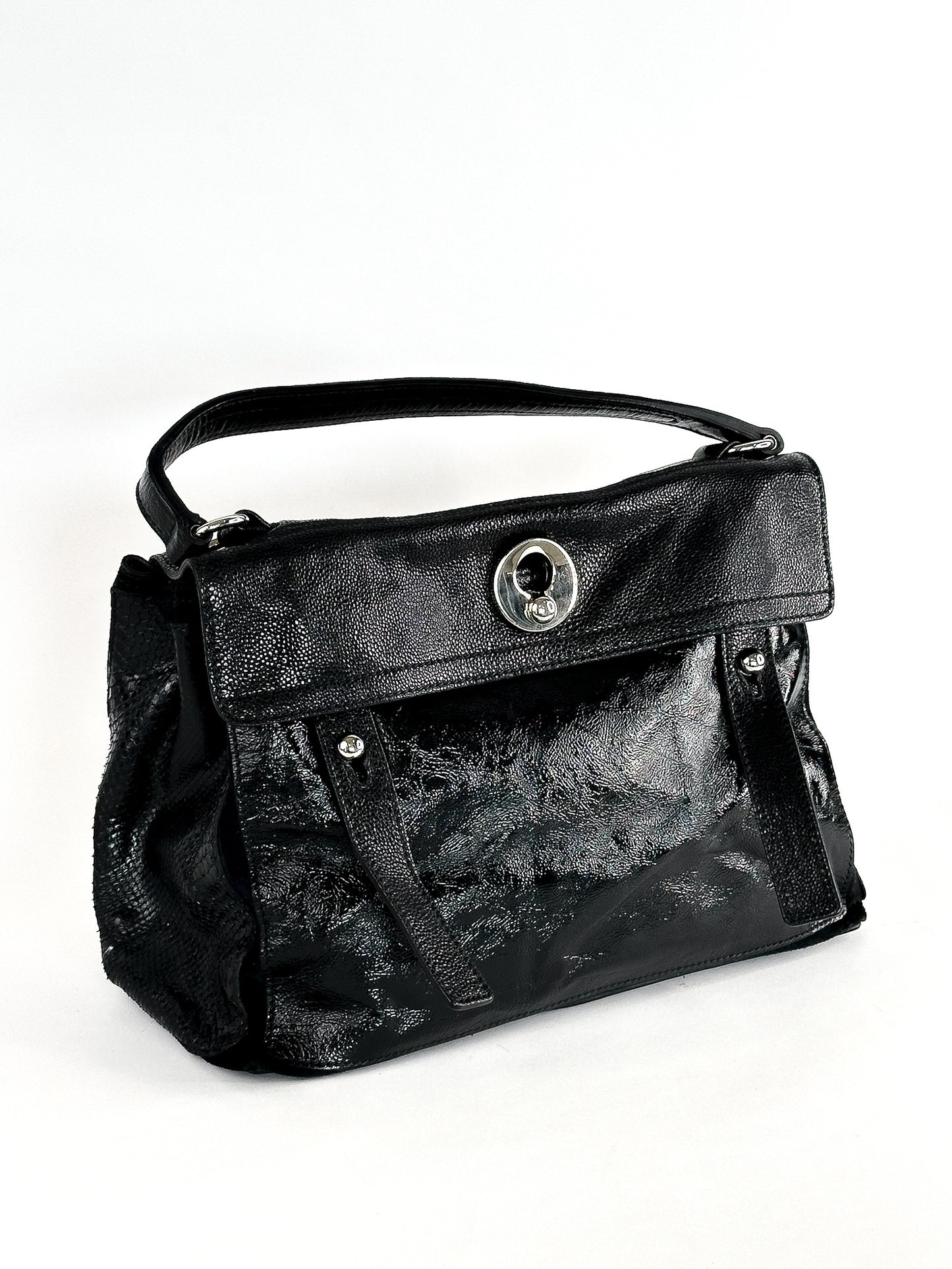 Yves Saint Laurent Black Patent Leather/Python and Suede Muse Two Satchel Medium