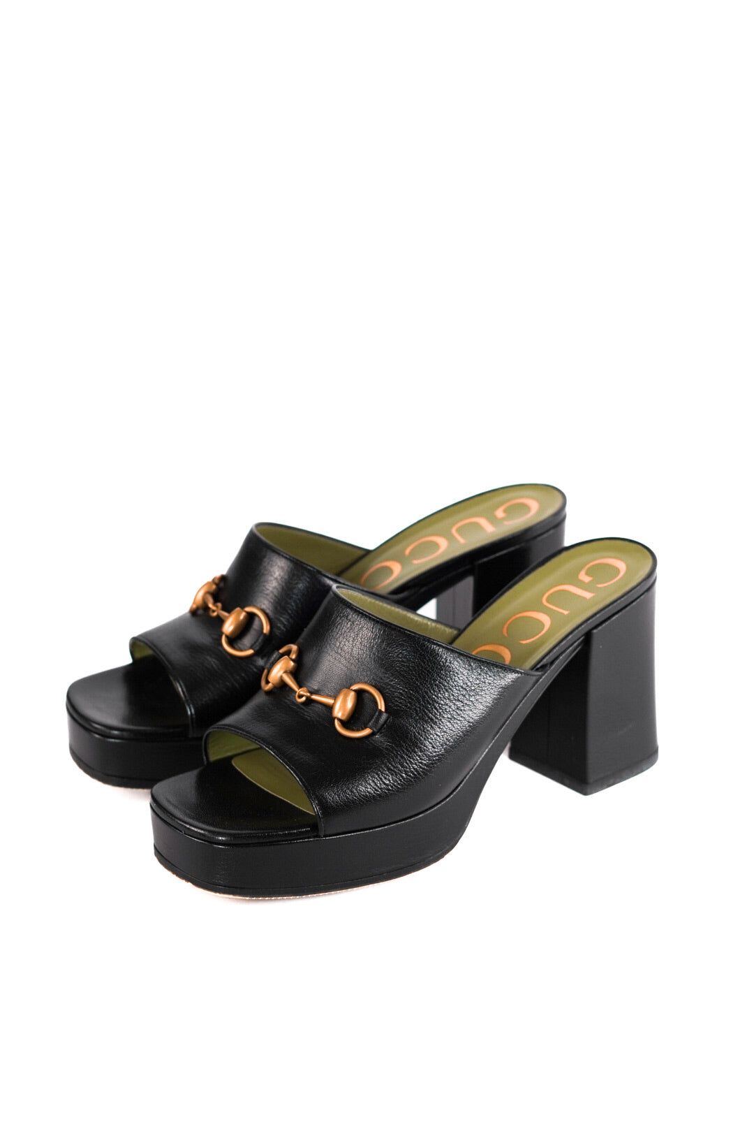 Gucci Black Leather Horsebit Platform Slide Sandals Size 39