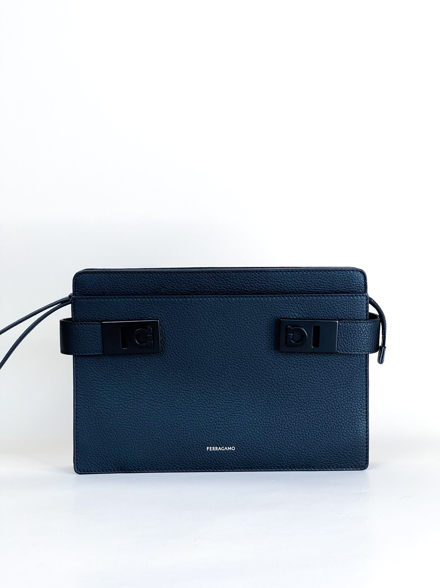 Ferragamo Pouch With Gancini Buckles Hammered Calfskin Black
