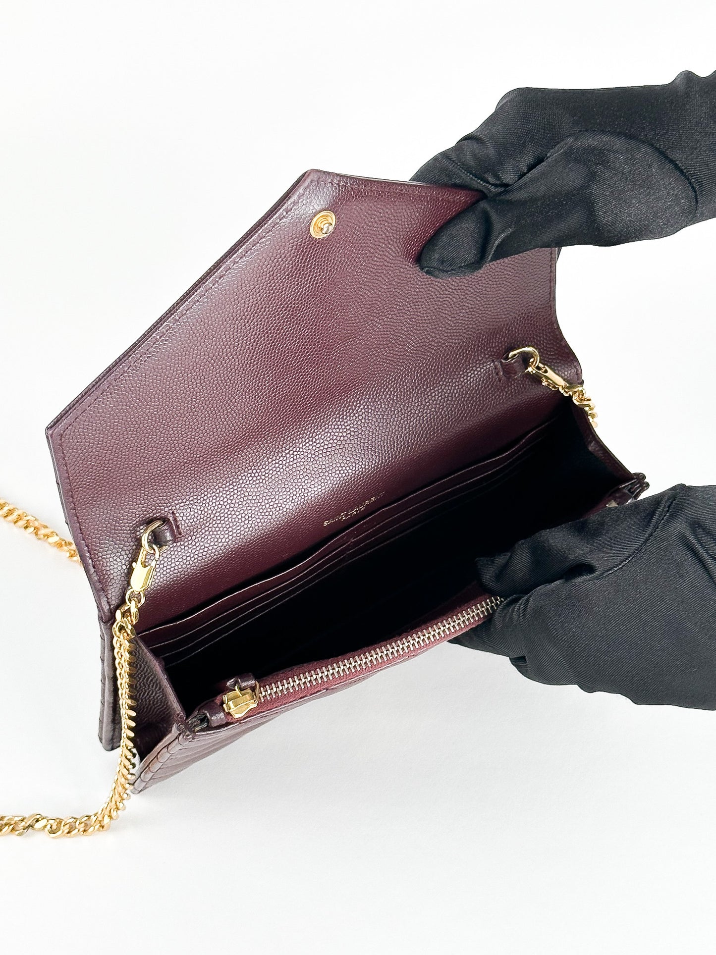Saint Laurent Burgundy Matelassé Leather Monogram Envelope Wallet on Chain