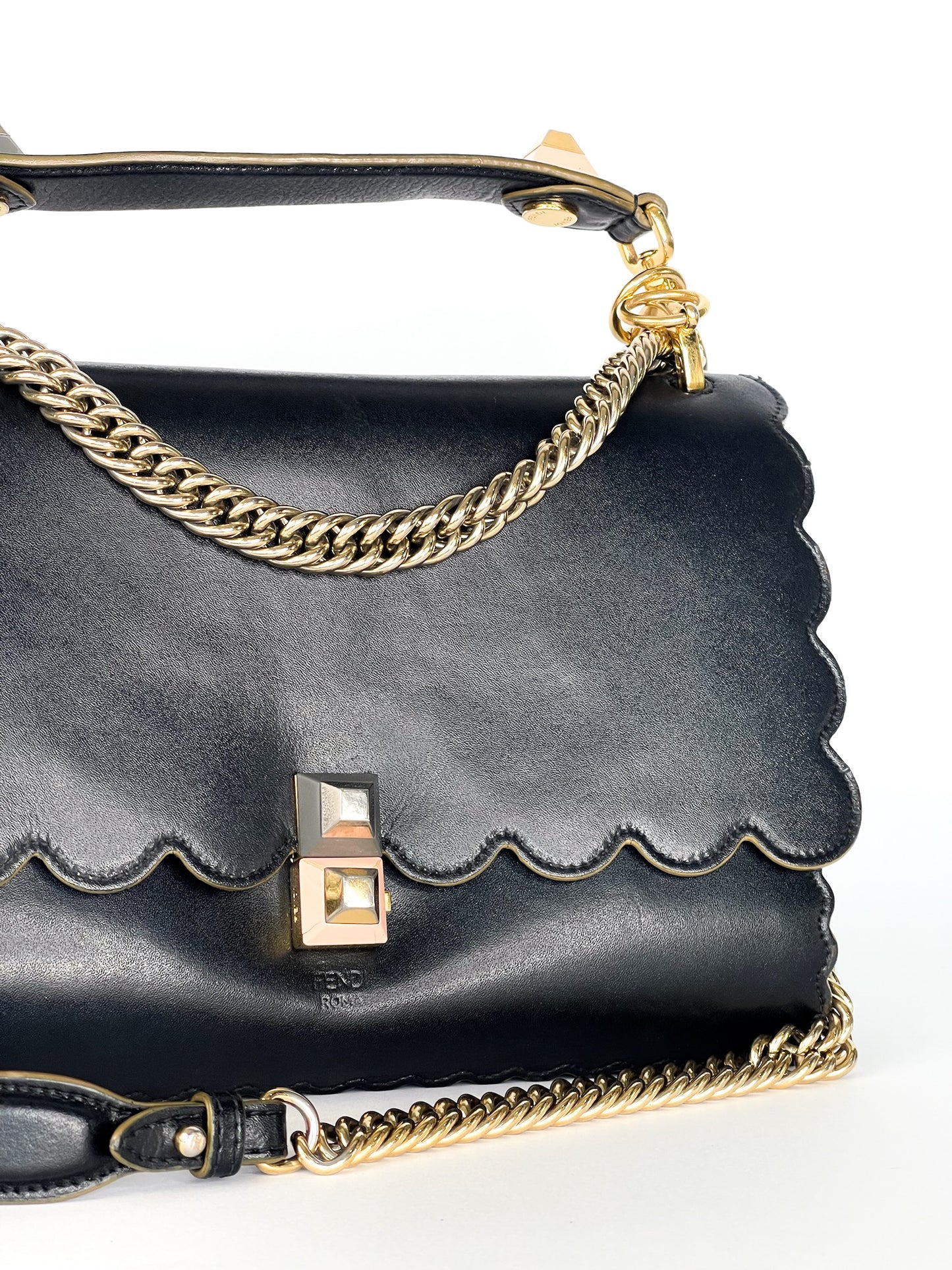 Fendi Vitello Liberty Scalloped Studded Kan I Shoulder Bag Black