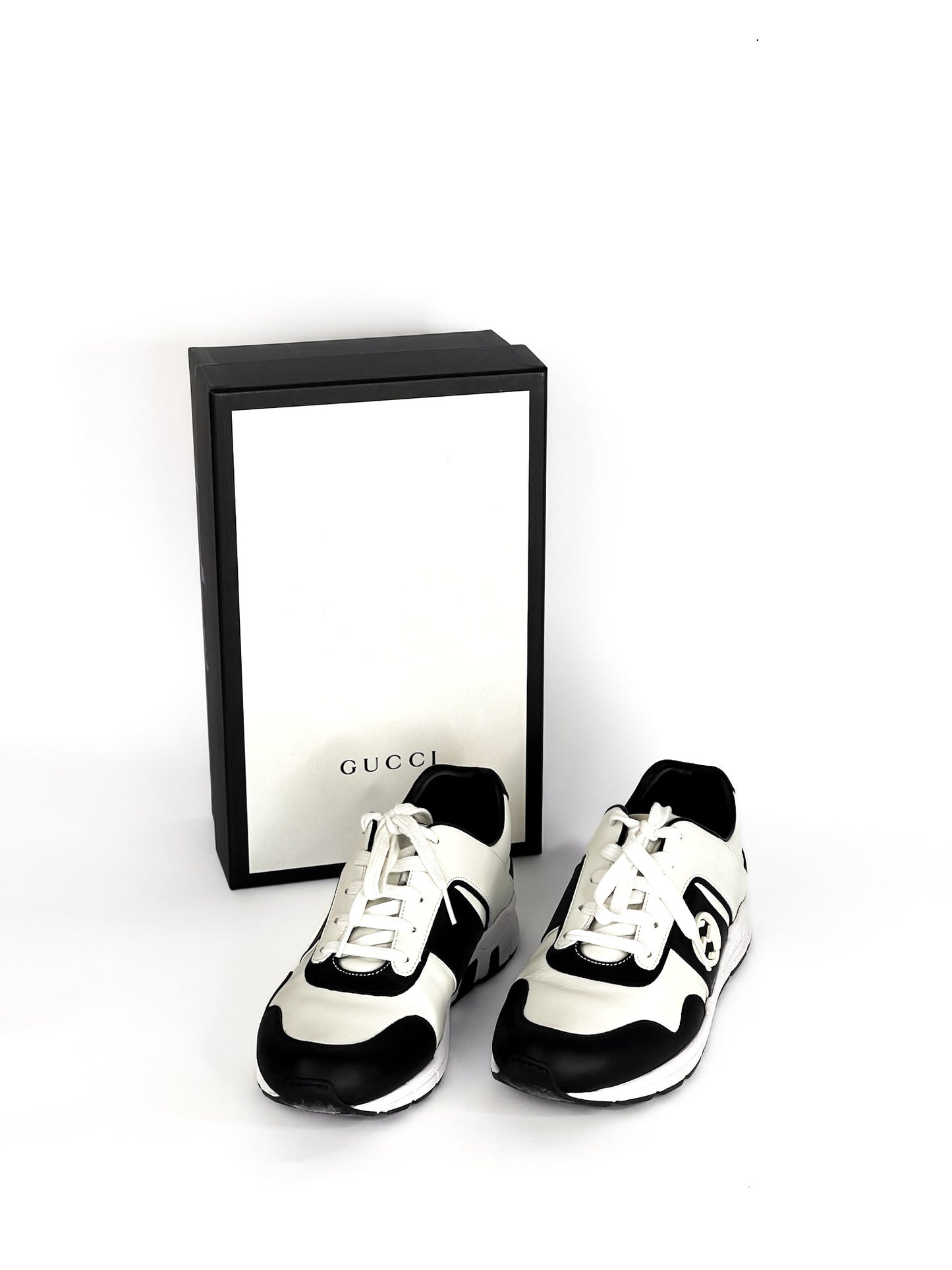 Gucci Calfskin Interlocking G Sneakers Black White Size 39