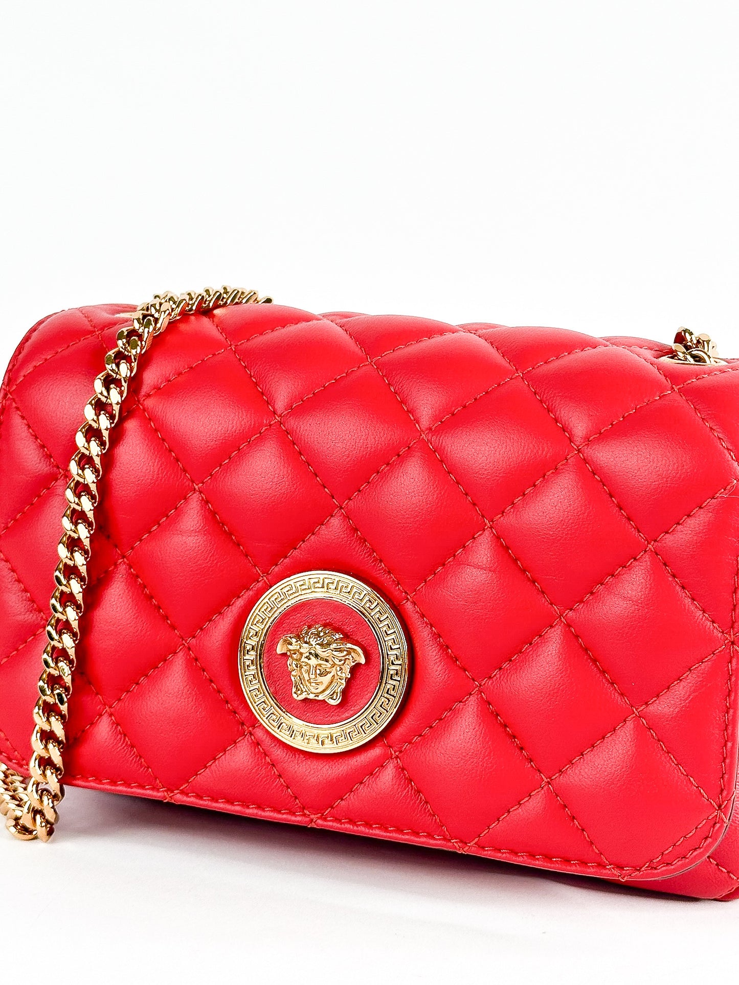 Versace Quilted Leather Red Medusa Head Small Flap Crossbody