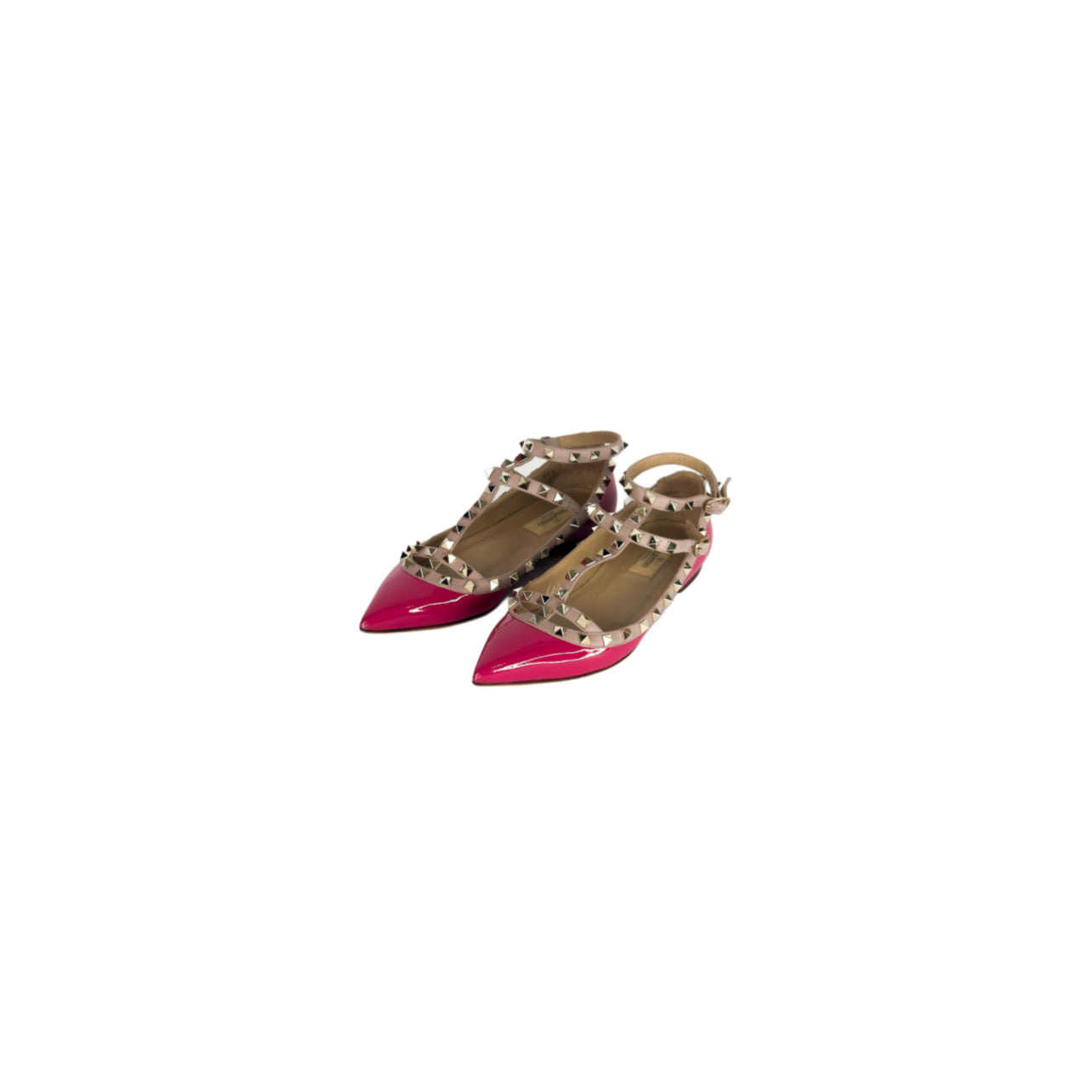 Valentino Pink Patent Leather Rockstud Ankle Strap Flats Size 37 1/2